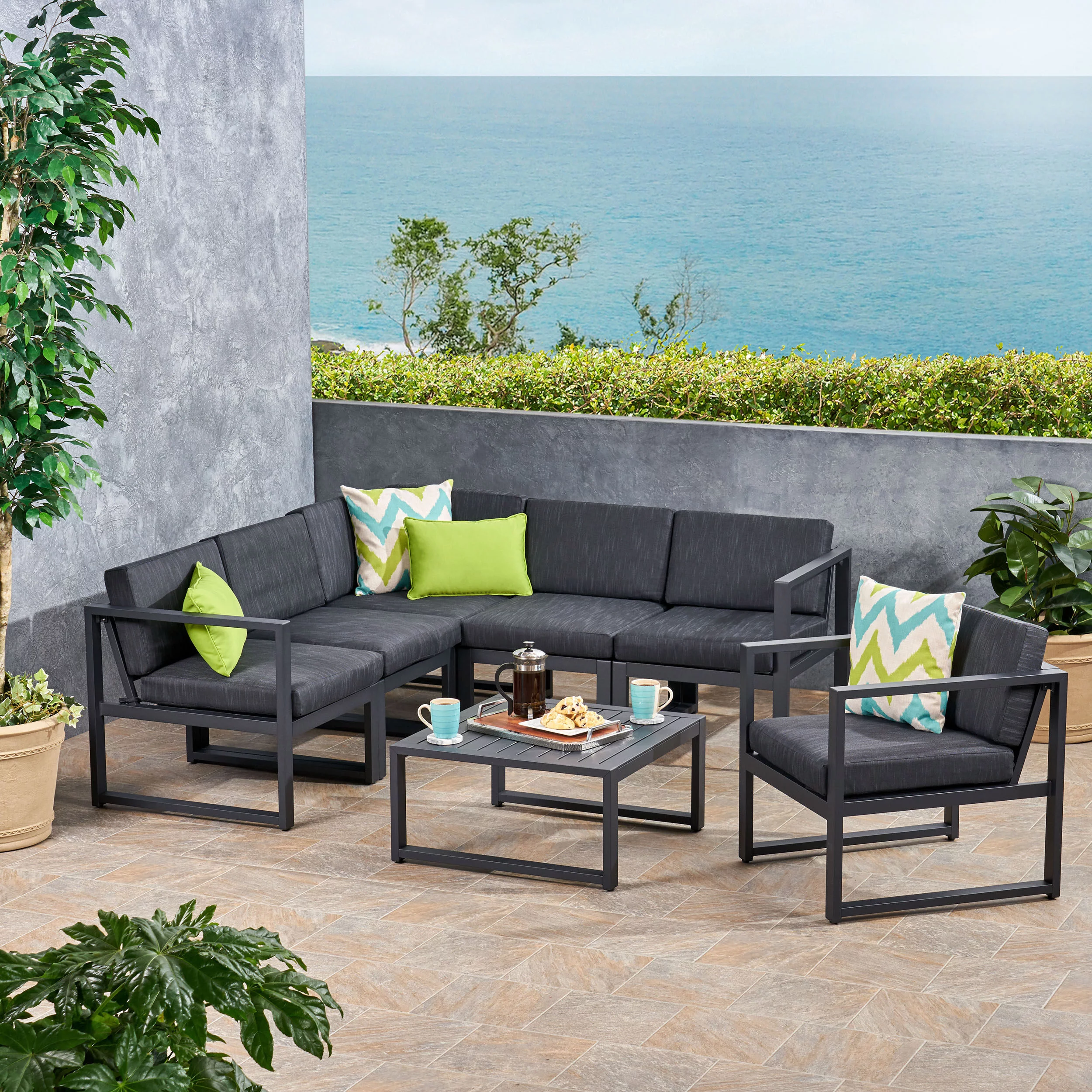 GDF Studio Quick Outdoor Aluminum 6 Seater Sofa Set, Black and Dark Gray