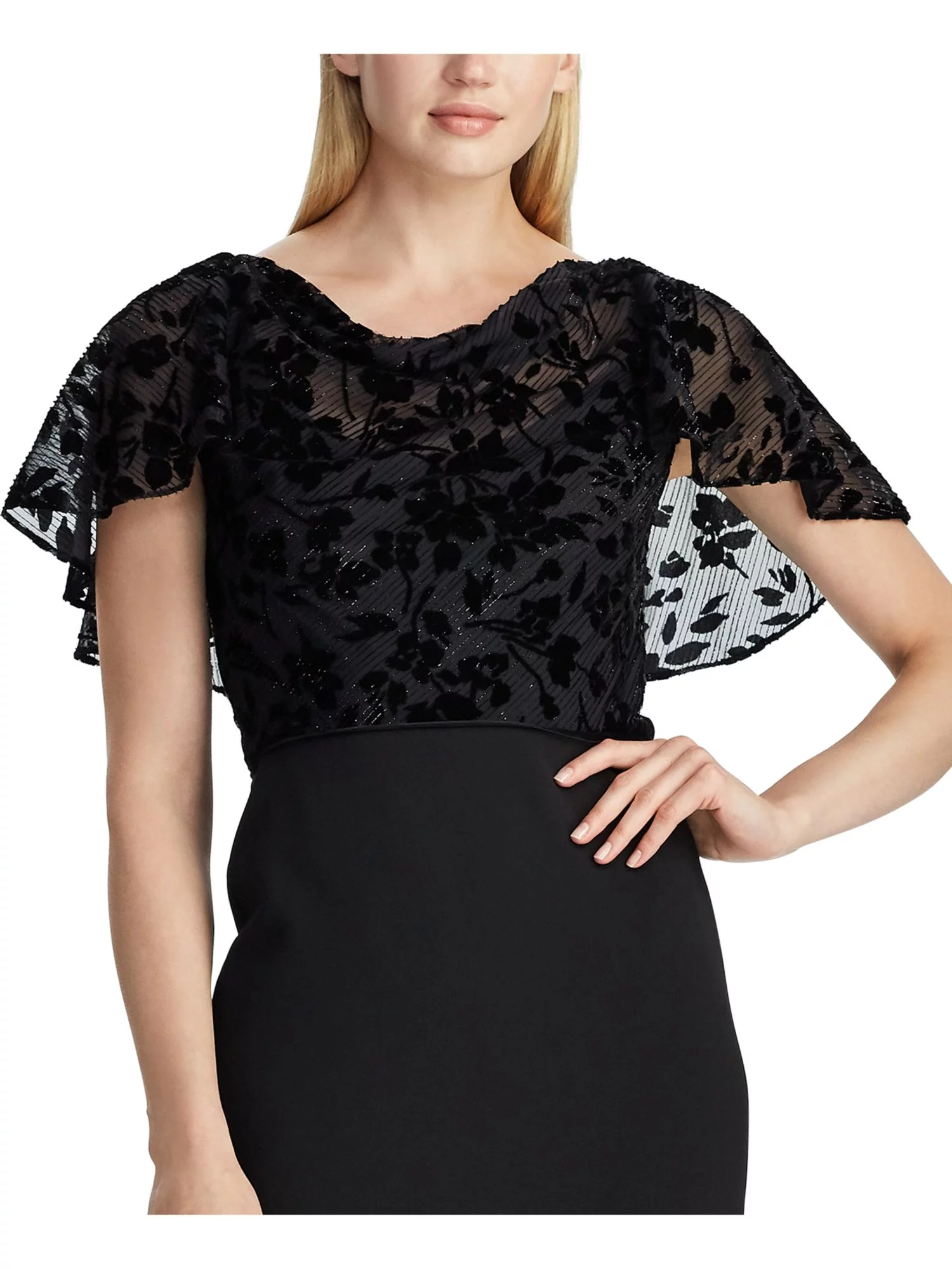 RALPH LAUREN Womens Black Embroidered Petal Sleeve Jewel Neck Knee Length Cocktail Sheath Dress Petites 0P