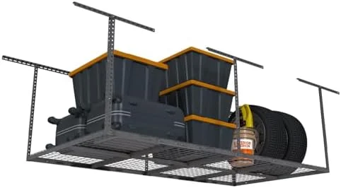 4ftx8ft Overhead Garage  Rack  Heavy-Duty Metal Garage Ceiling  Rack  22''-40" Adjustable Ceiling Drop-Down  600 lb. Loading Weight Capacity  Black