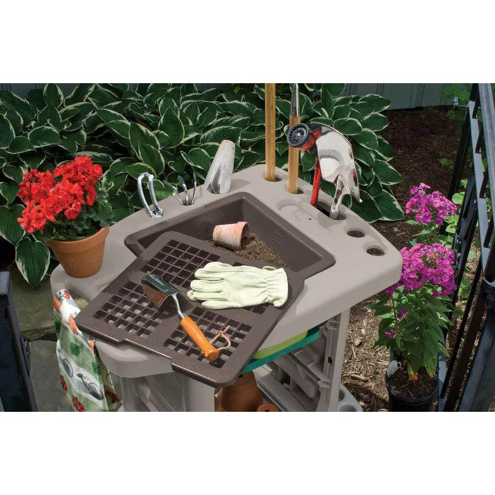 Suncast Portable Outdoor Garden Center Station Tool Cart, Light Taupe (2 Pack)