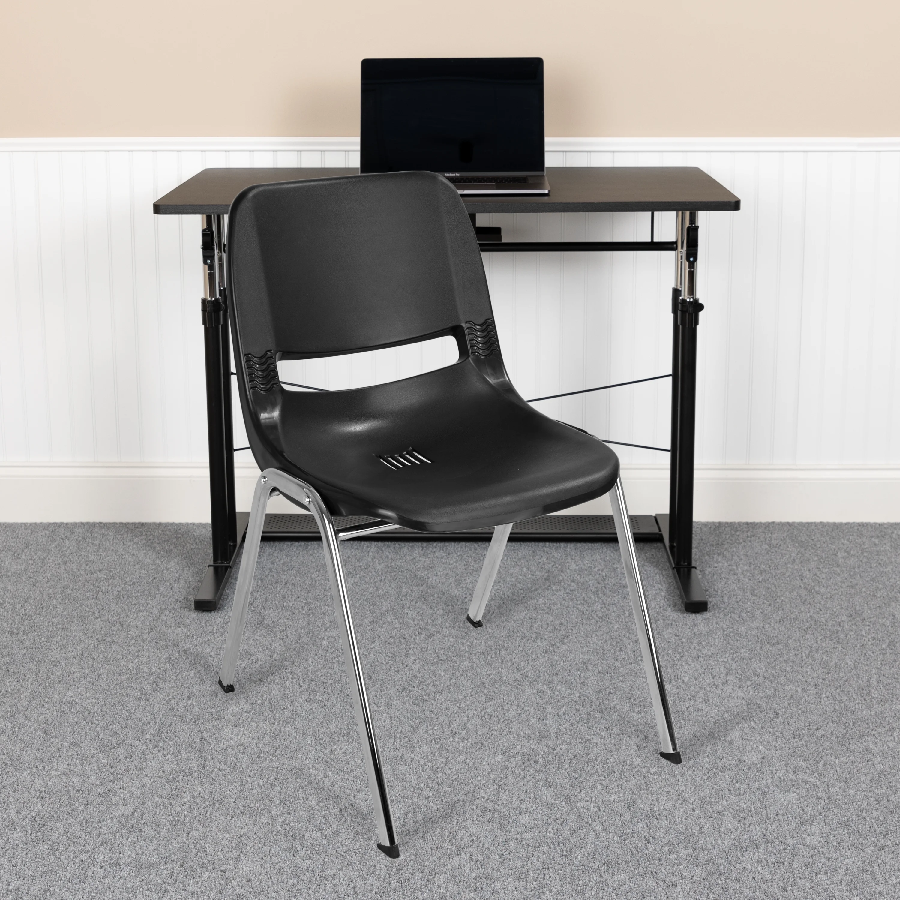 Emma + Oliver Black Ergonomic Shell Stack Chair with Chrome Frame and 16