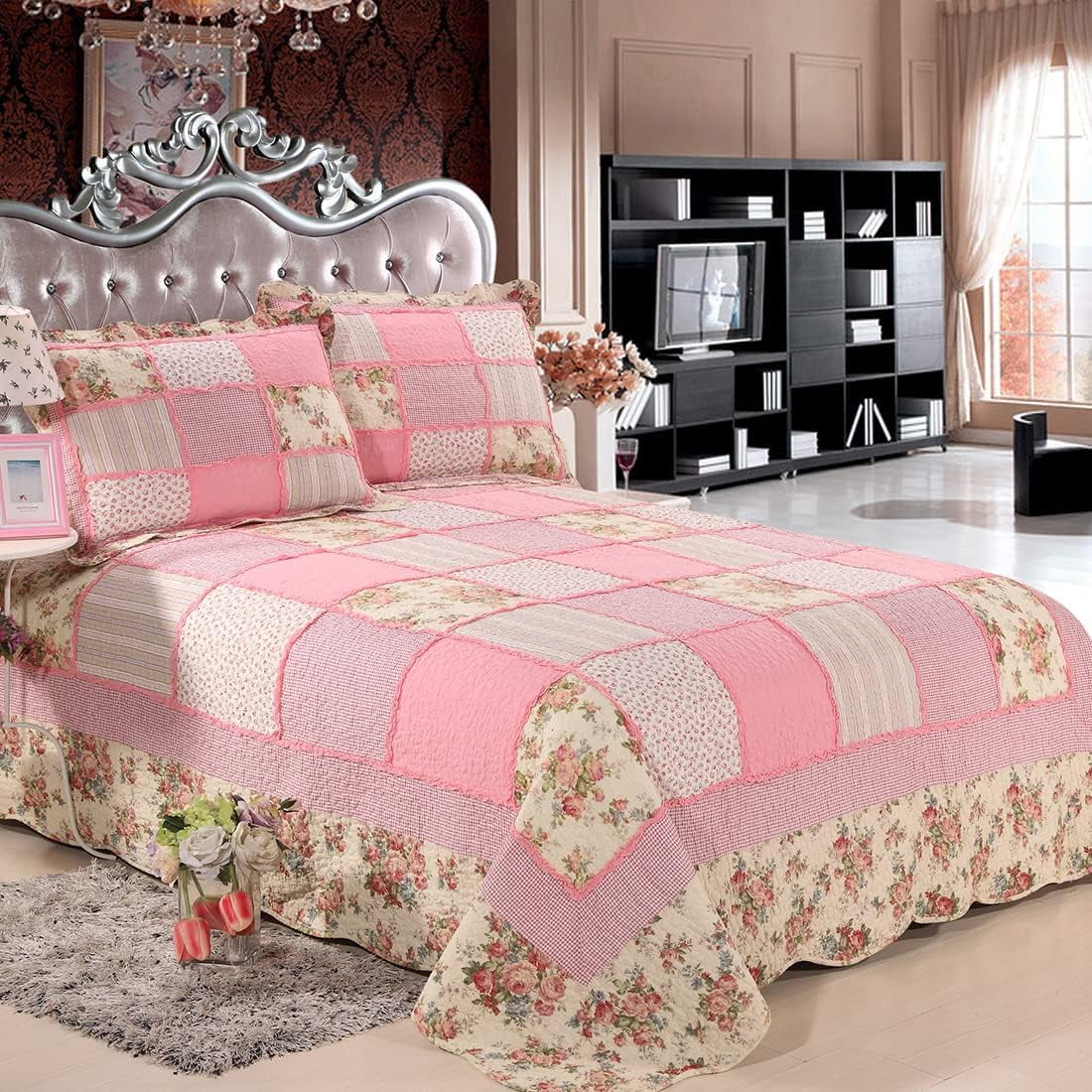 vctops 3 Piece Embroidered Floral Quilted Bedspread Quilt Set 100% Cotton Reversible Patchwork Coverlet Set 1 Quilt and 2 Pillow Shams (Green Queen)