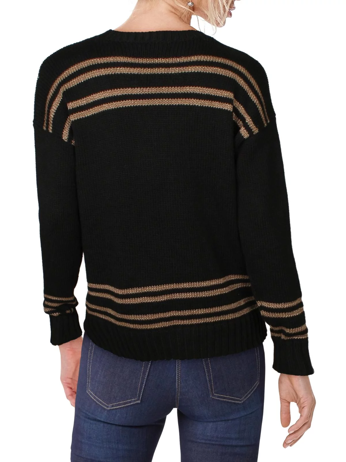 RALPH LAUREN Womens Black Striped Long Sleeve Sweater Size: M