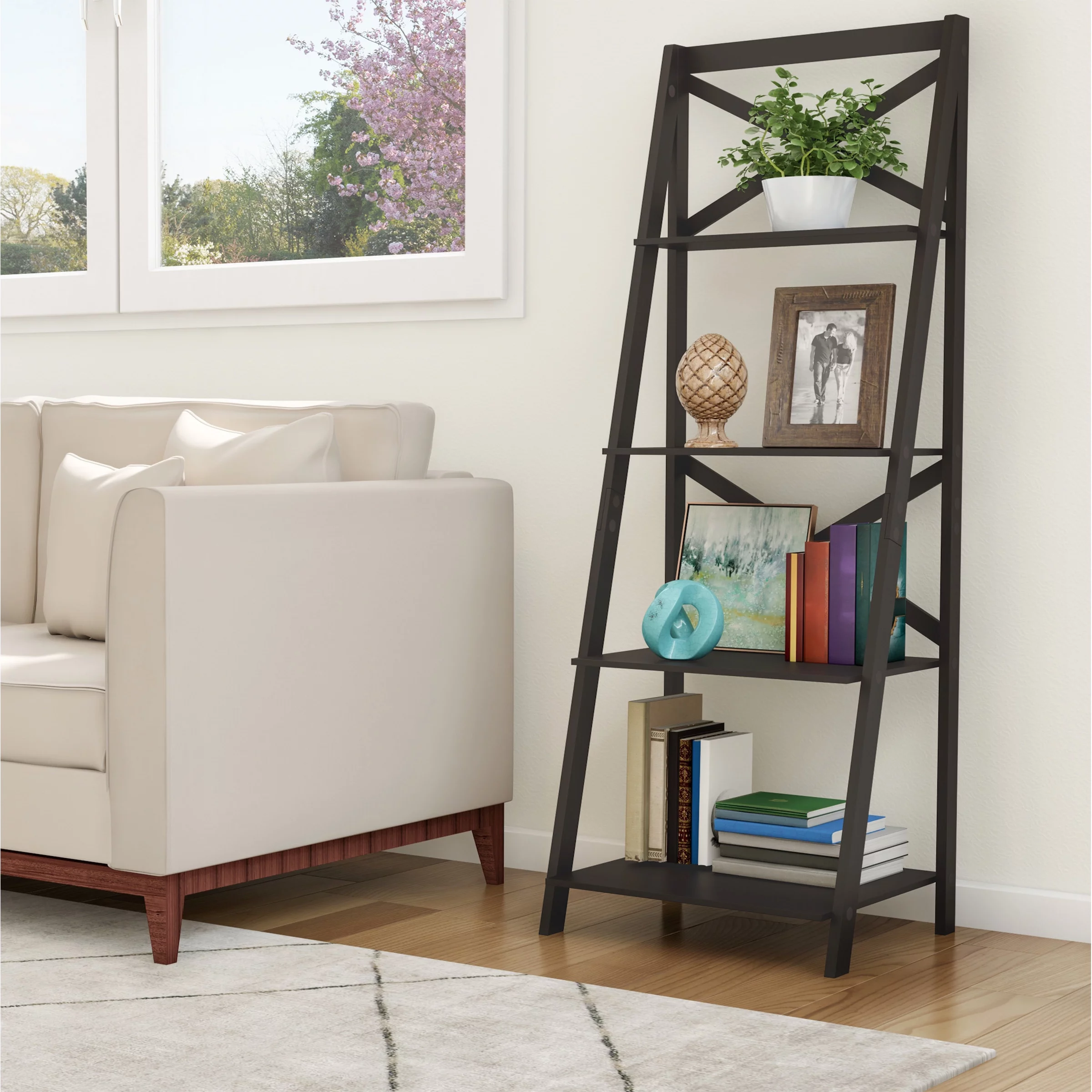 Lavish Home 4-Tier Ladder Shelf Set – Set of 2 Wooden Bookcases, Black