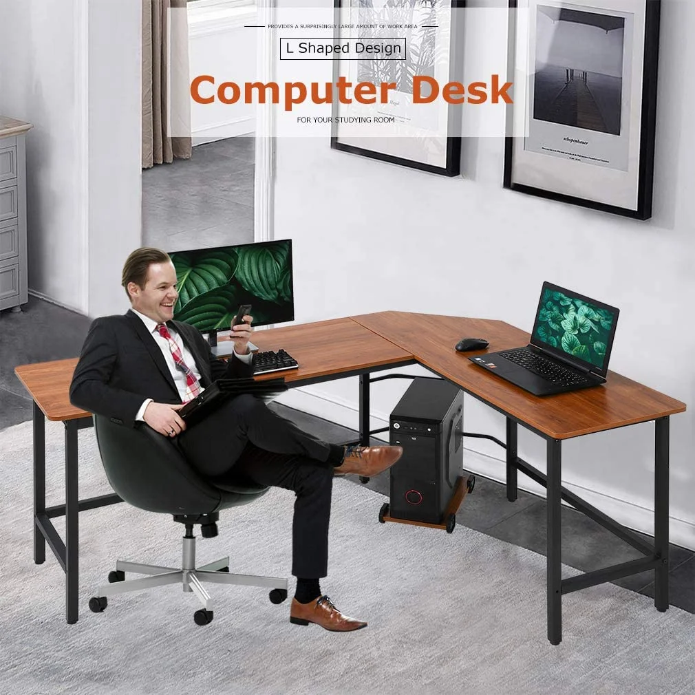 BestOffice L Shaped Desk PC Wood Home Large Work Space Corner Study Desk Workstation,Brown