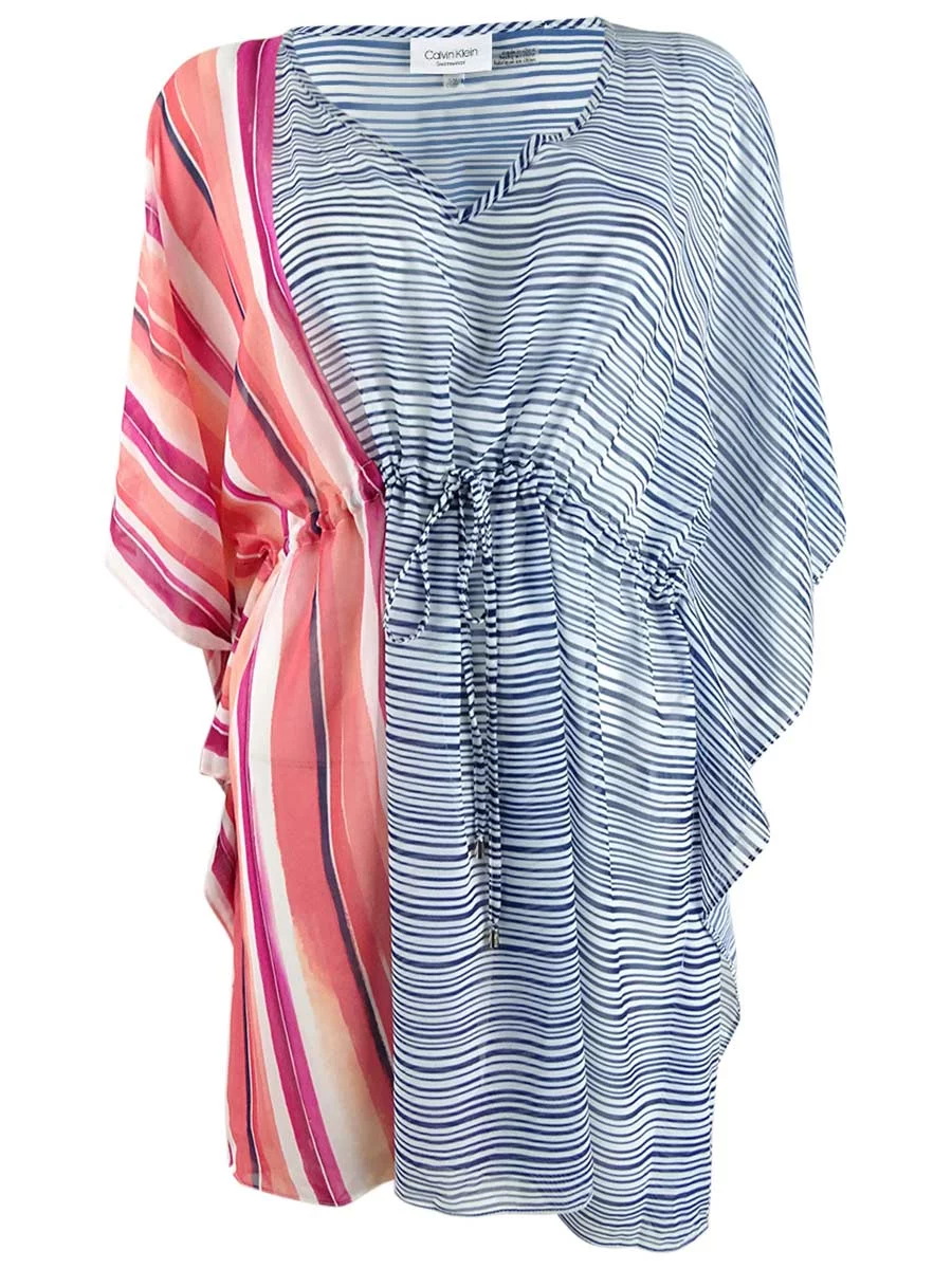 Calvin Klein Women's Striped Caftan Top Swim Cover-Up (S/M, Nectar Multi)