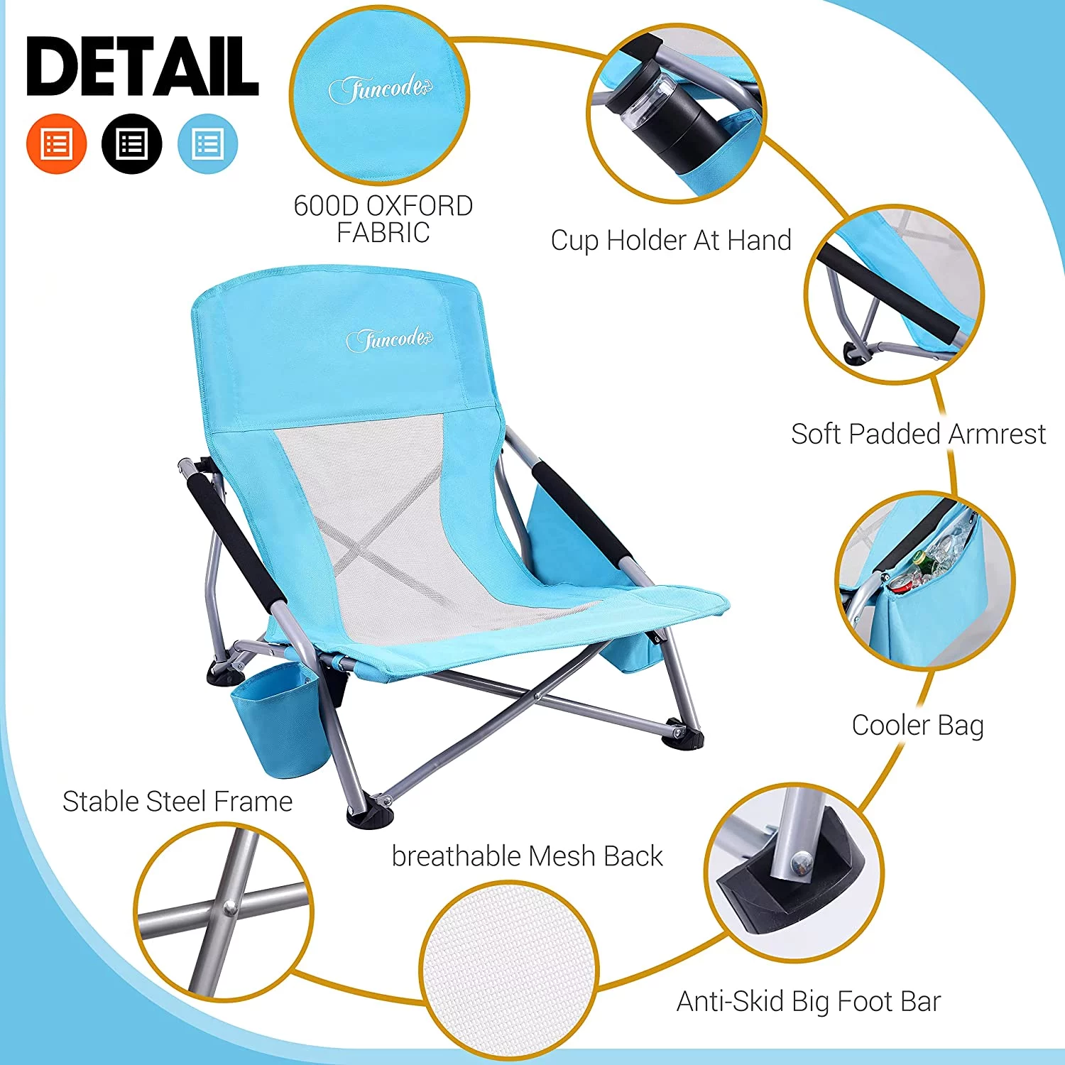Low Beach Camping Folding Chair with Cooler Bag,Heavy Duty Portable Chair with Carry Bag for Camping, Beach, Picnic, Barbeques, Sporting Event (1-Pack Blue)