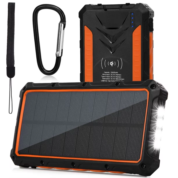 Heavy Duty Solar Power Bank, Qi Portable Charger 20,000mAh External Battery Pack Type C Input Port Four LED Flashlight, For Vodafone Smart E9 With Solar Panel Charging