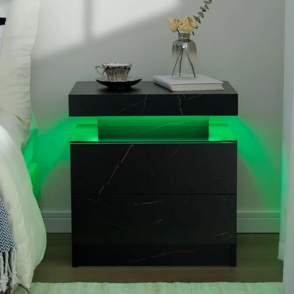 GEROBOOM LED Night Stand  Bedside Tables with 2 Drawers Modern LED End Side Tables Bedroom Nightstands