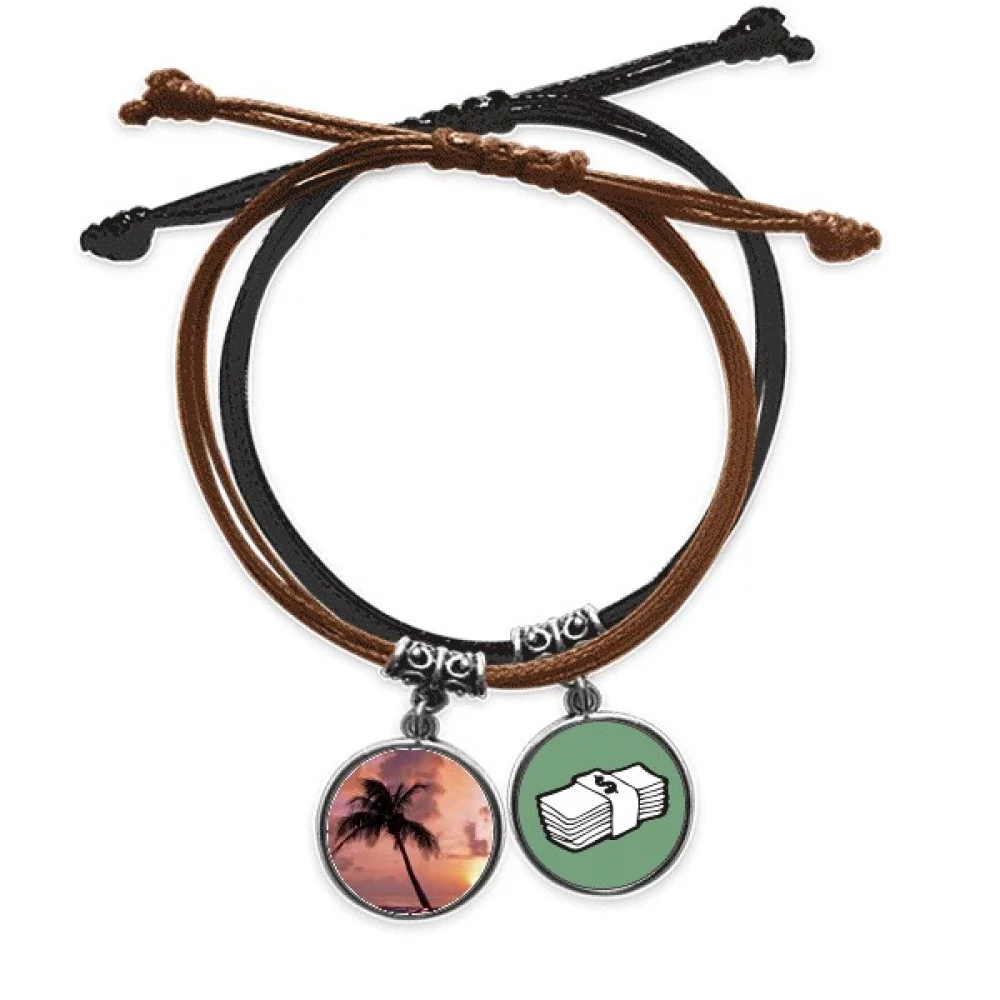 Ocean Sand Beach Boat Tree Picture Bracelet Rope Hand Chain Leather Money Wristband
