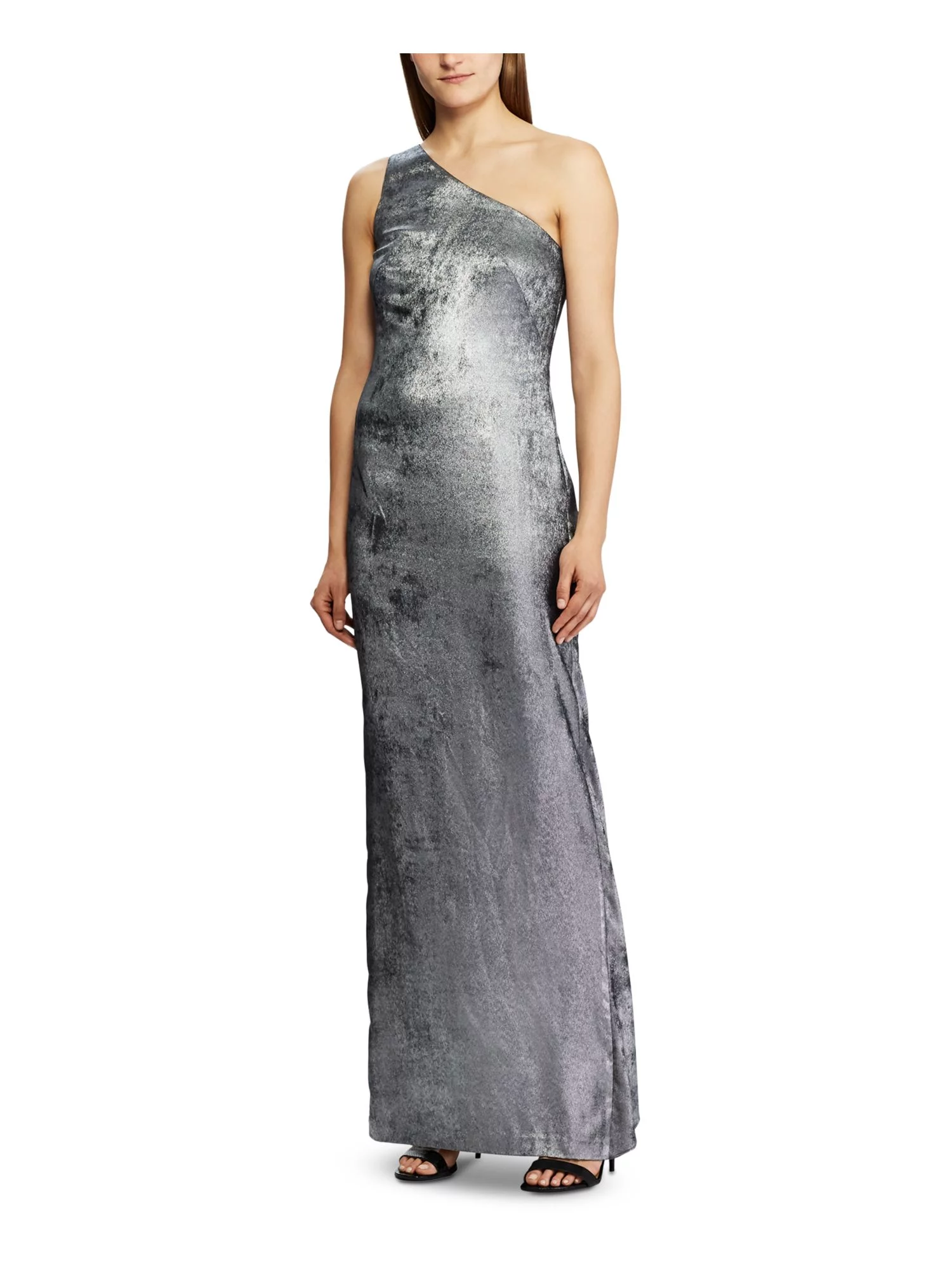 RALPH LAUREN Womens Silver Sleeveless Asymmetrical Neckline Maxi Evening Sheath Dress 14