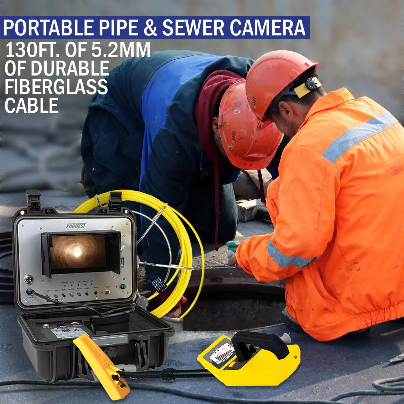 Sewer Camera, pipe inspection camera, 130FT cable W/ FT counter, 1'' camera head W/ 512Hz transmitter & self-leveling, can pair W/ 512Hz locator