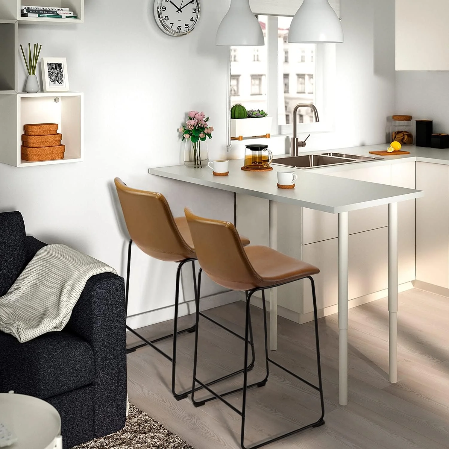 Waleaf 26 inch Bar Stools Set of 4,Counter Height Bar Stools with Back, Modern PU Leather Stools with Metal Leg and Footrest