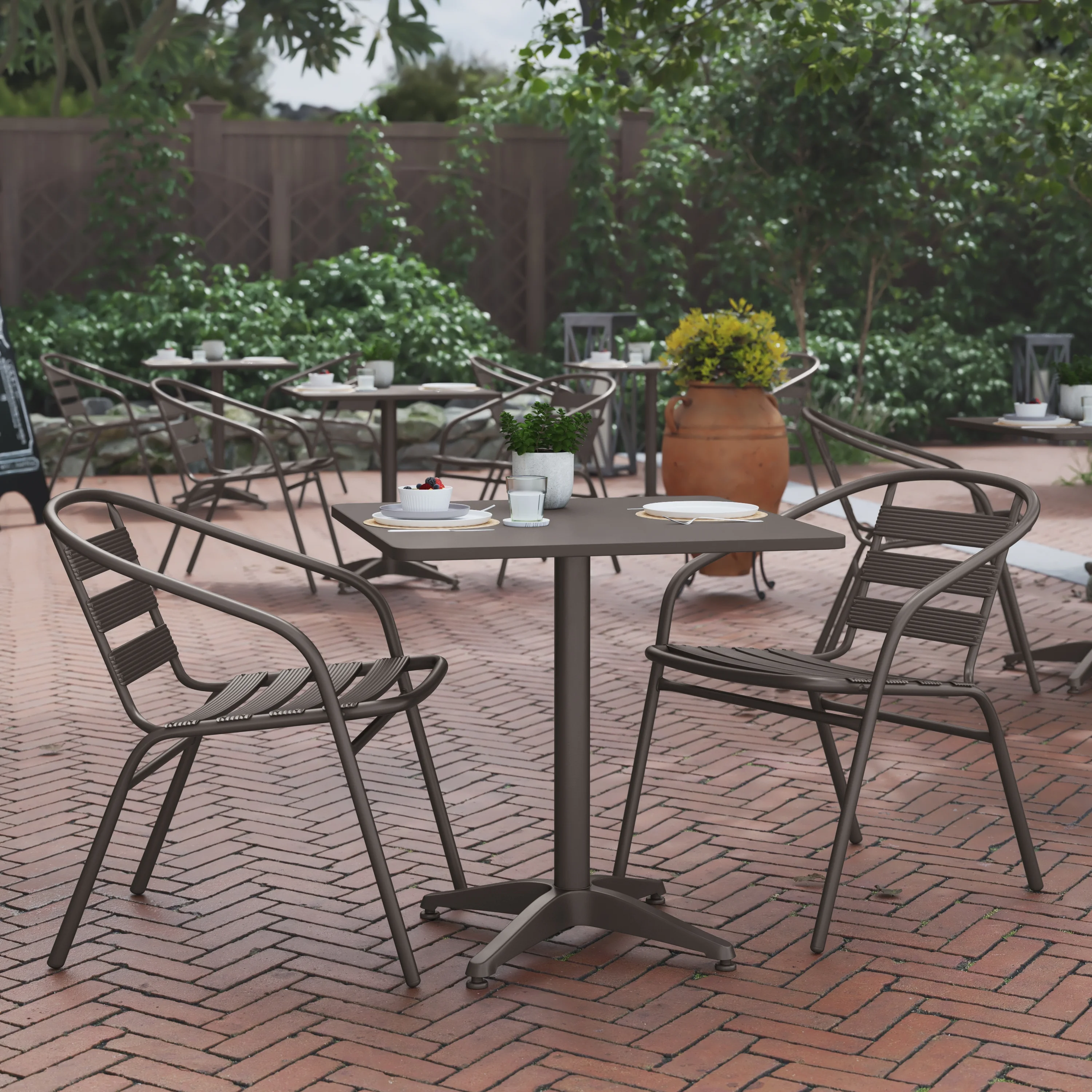 BizChair 27.5'' Bronze Square Aluminum Indoor-Outdoor Table Set with 2 Bronze Slat Back Chairs