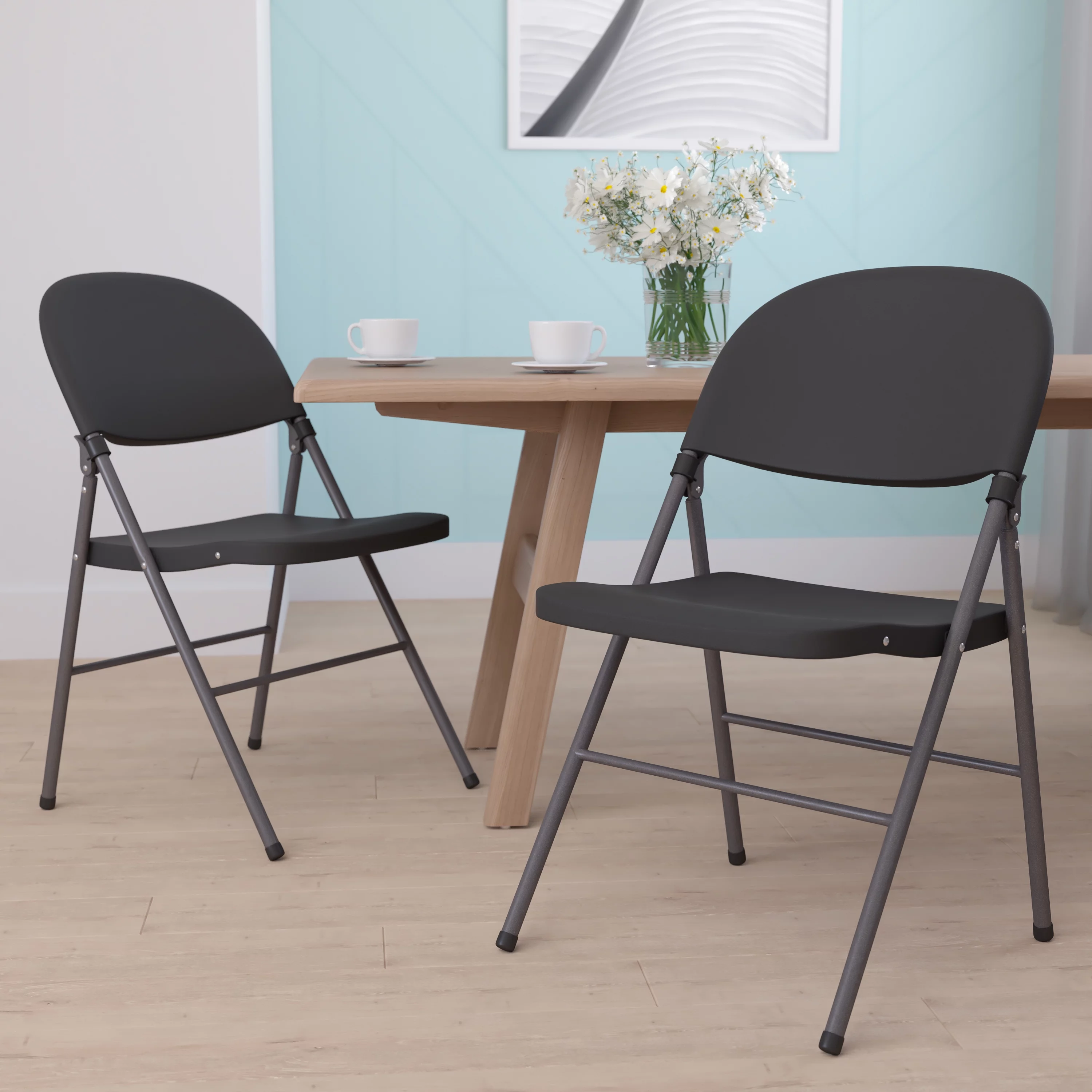 Emma + Oliver 2 Pack 330 lb. Capacity Black Plastic Folding Chair with Charcoal Frame