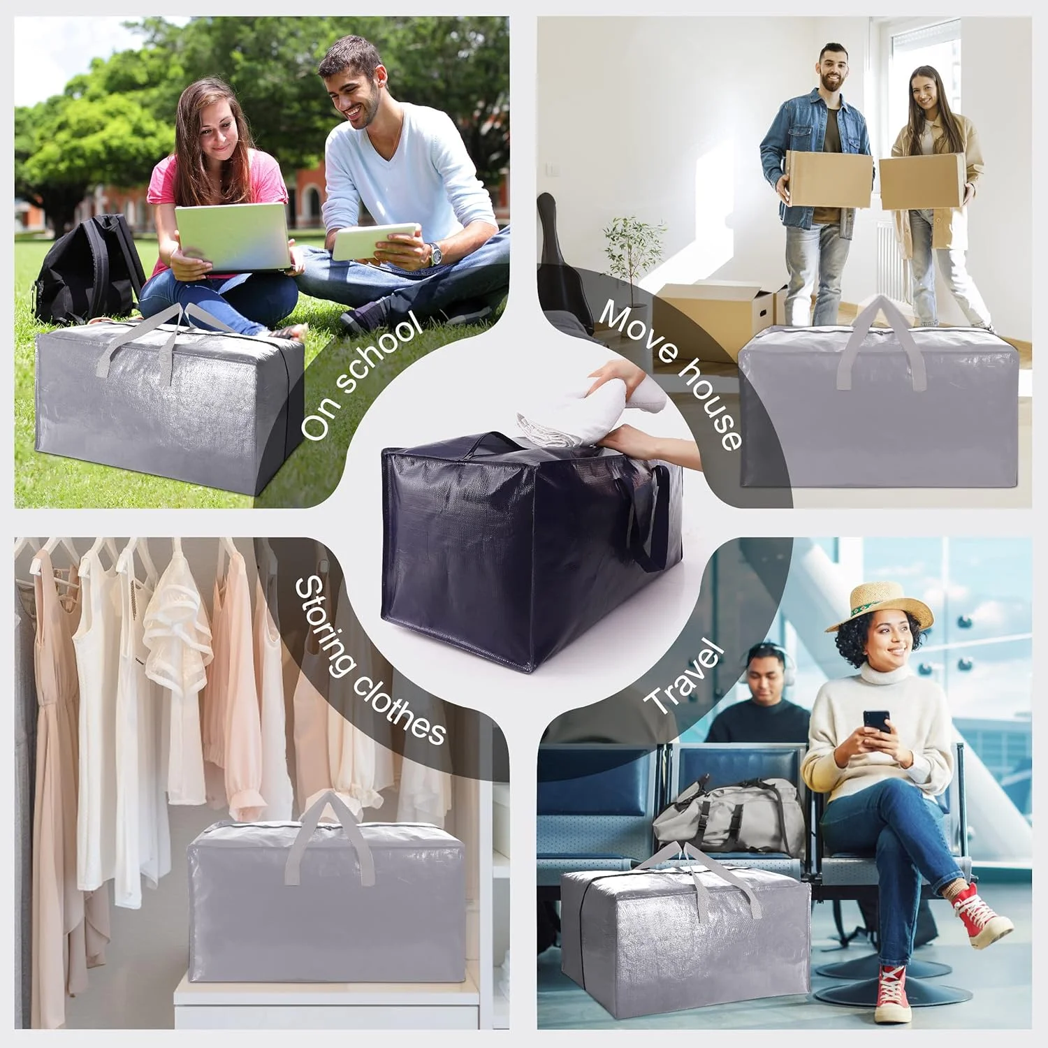 Heavy Duty Extra Large Moving Bags W/Backpack Straps - Strong Handles & Zippers, Storage Totes For Space Saving, Fold Flat, Alternative to Moving Box and Storage Bin (Set of 6, Silver)