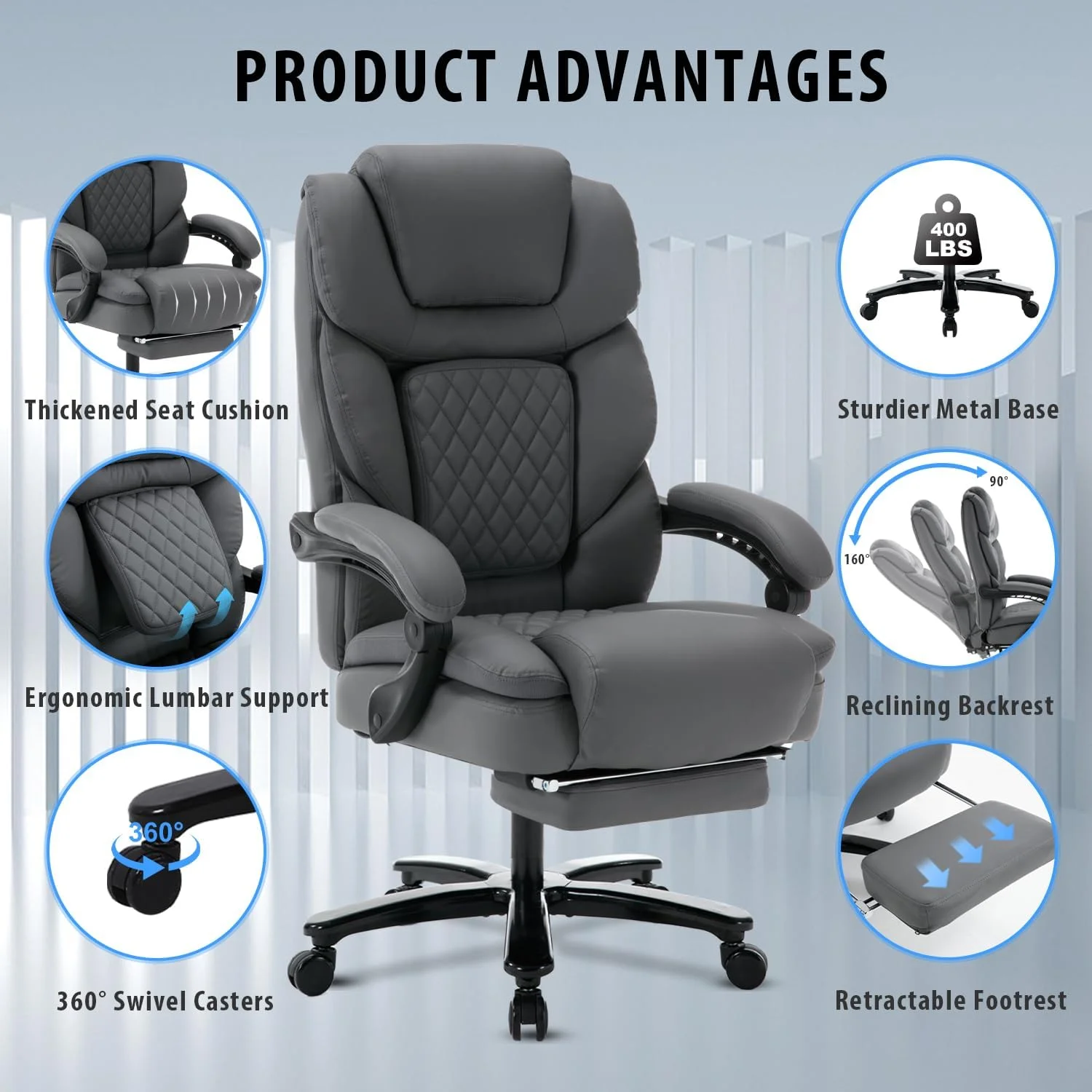 450lbs Big and Tall Reclining Office Chairs with Footrest & Lumbar Support, PU Leather Ergonomic Managerial Executive Chair with Wheels, Plus Size Recliner Desk Chair (Grey)