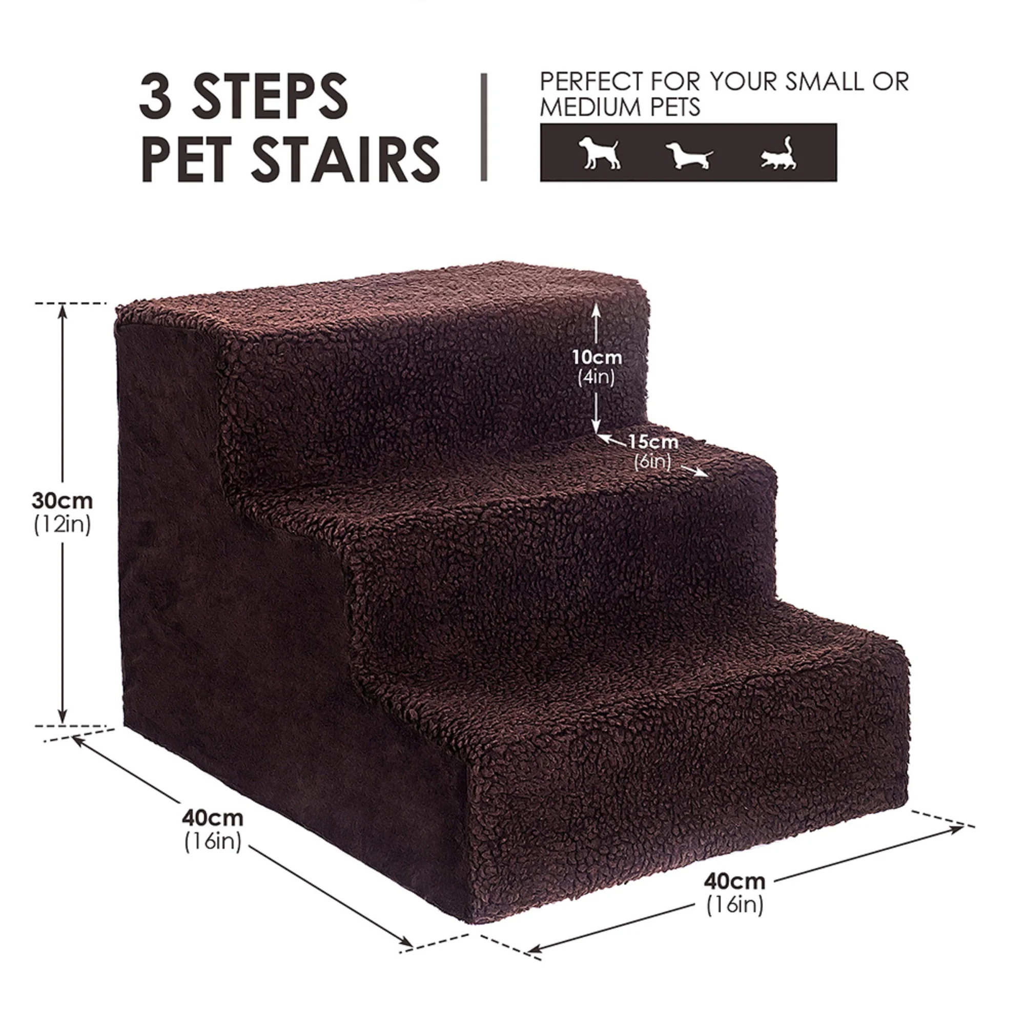 3-Step Dog Stairs for Beds,Pet Steps for Small Dogs and Cats, Non-Slip Dog Ramp,12