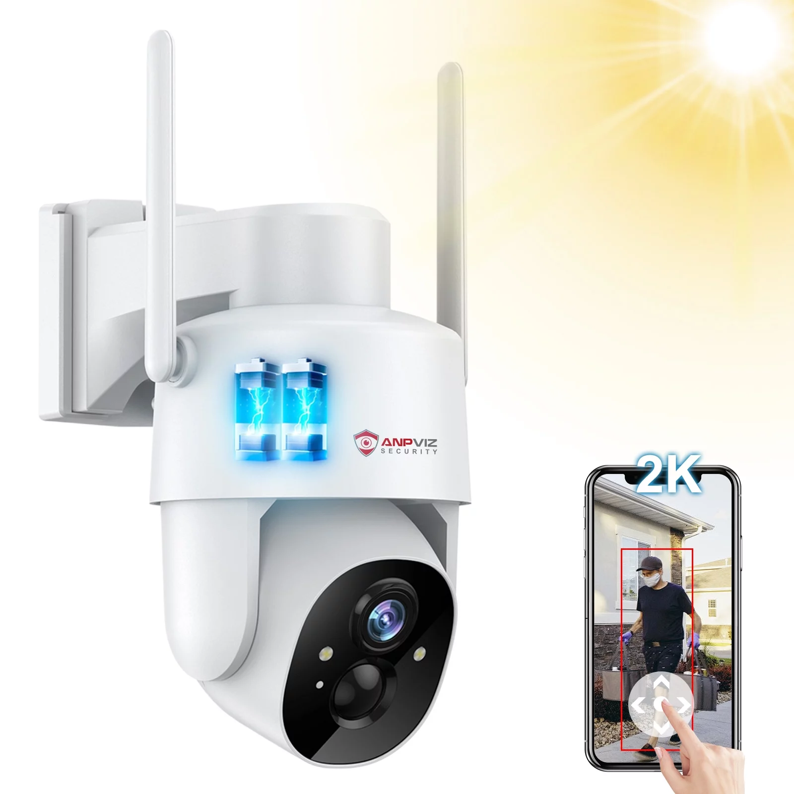 2K Solar Security Outdoor Wifi Camera , Anpviz 360° View IP65 Waterproof Rechargeable Wireless Battery Powered 3MP PTZ Dome Camera with PIR, Color Night Vision,2-Way Talk, Cloud/SD, Works with Alexa