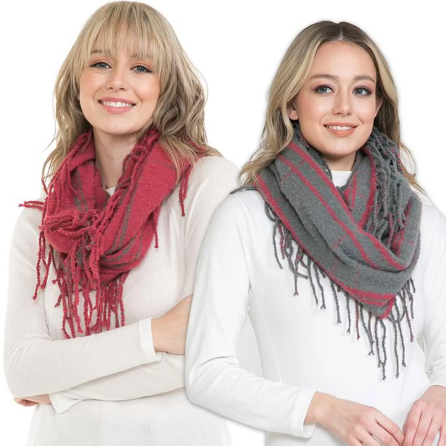 Basico Knit Infinity Scarf | Winter Scarf Set for Women | Gray Pink Plaid Scarf Set