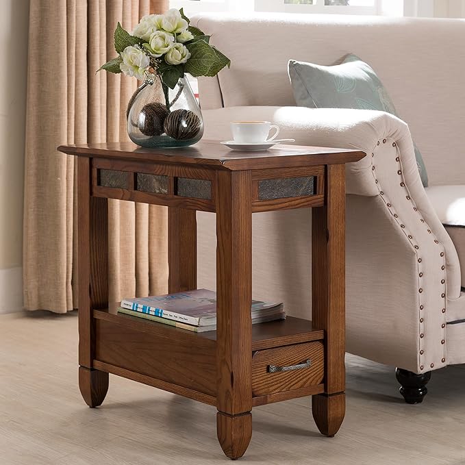 One-Drawer Rustic Oak Side Table with Slate Tile, 18x46x30 Inches - Home Decor Furniture Stand for Living Room
