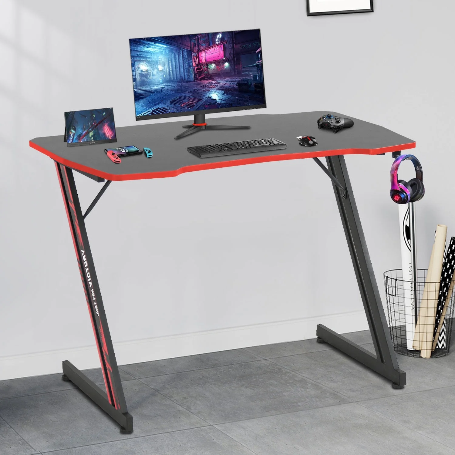 BestOffice 39.4in Z Shaped Computer Gamaing Desk with Headphone Hook for Game Players, Red