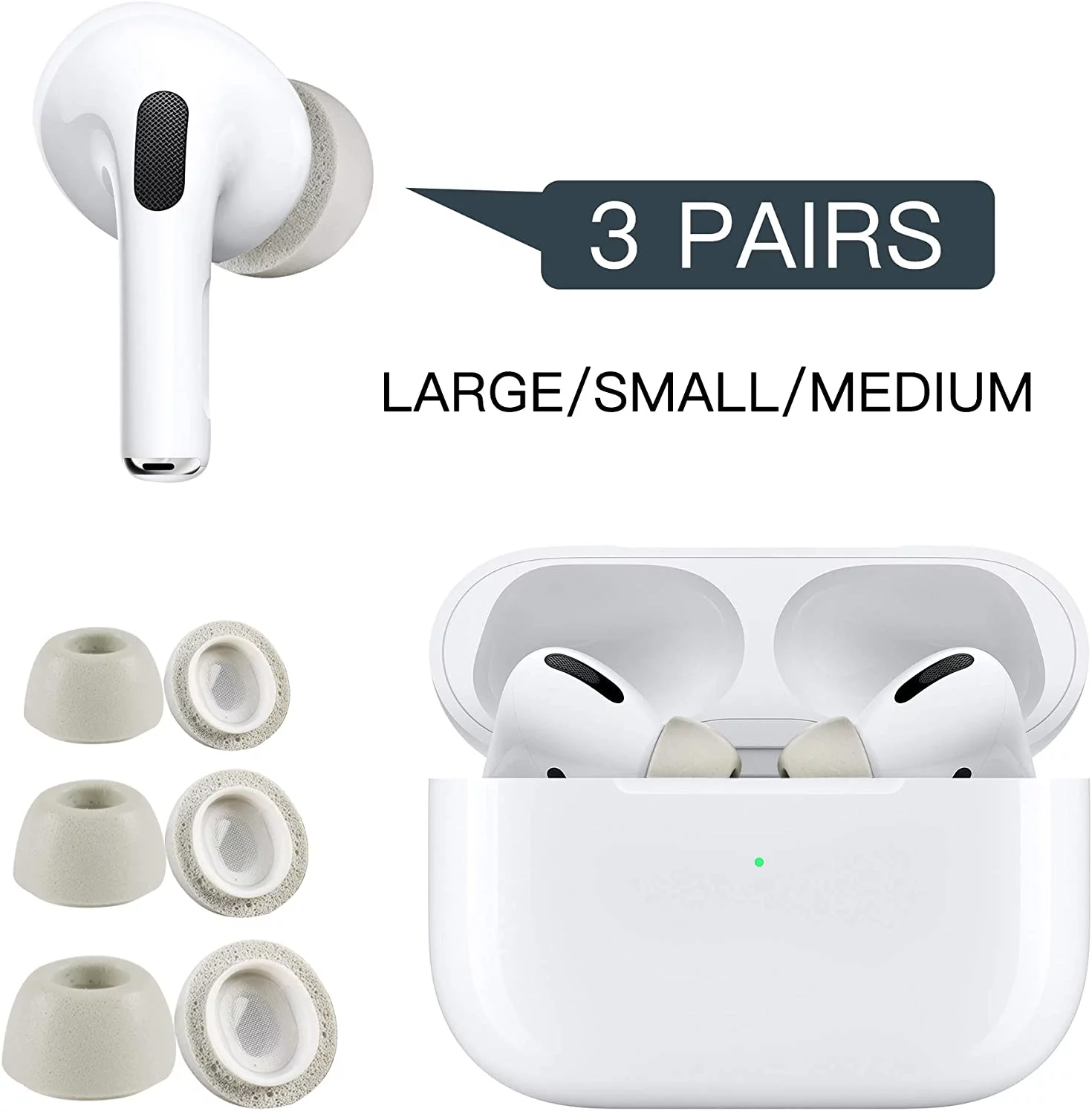 Gray Memory Foam Covers Tips and Ear Hooks for AirPods Pro Size Small, Medium, Large + 6 EarHooks