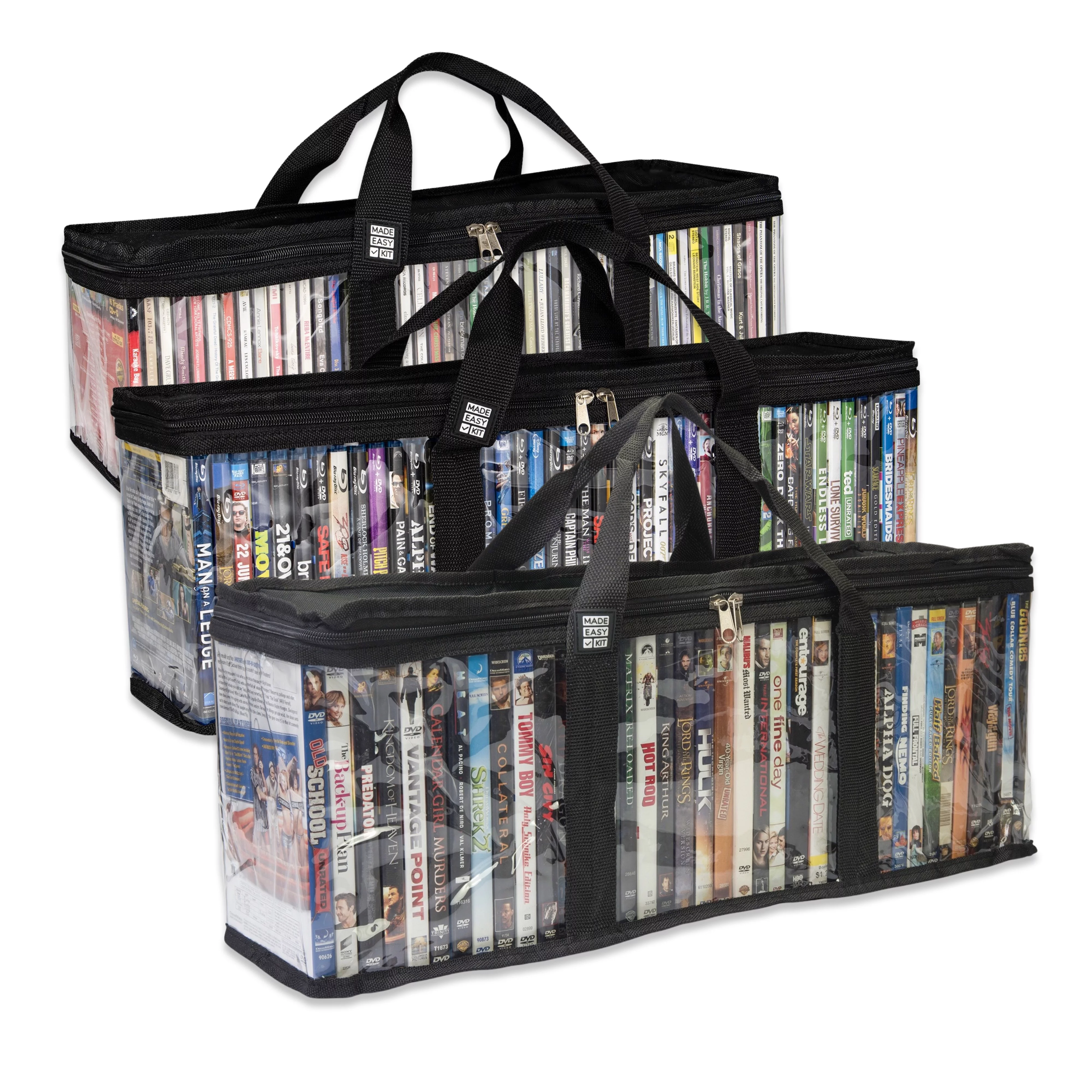 Made Easy Kit Media Storage Bag - DVD & VHS, Blu-Ray, CD 3-Pack Set - Transparent with Dividers for Easy Browsing and Sorting