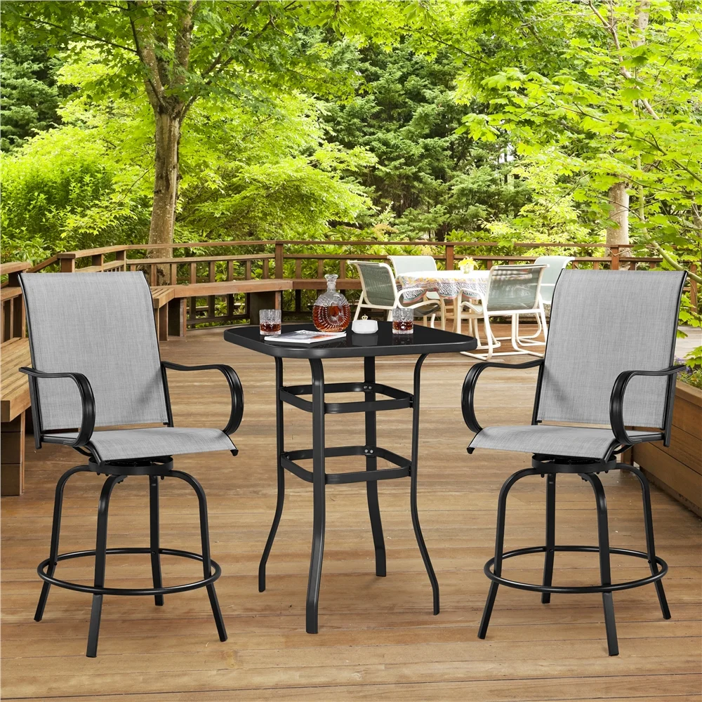 Yaheetech Outdoor Swivel Texteline Bar Stools with Armrest and Footrest, Set of 2, Black/Light Gray