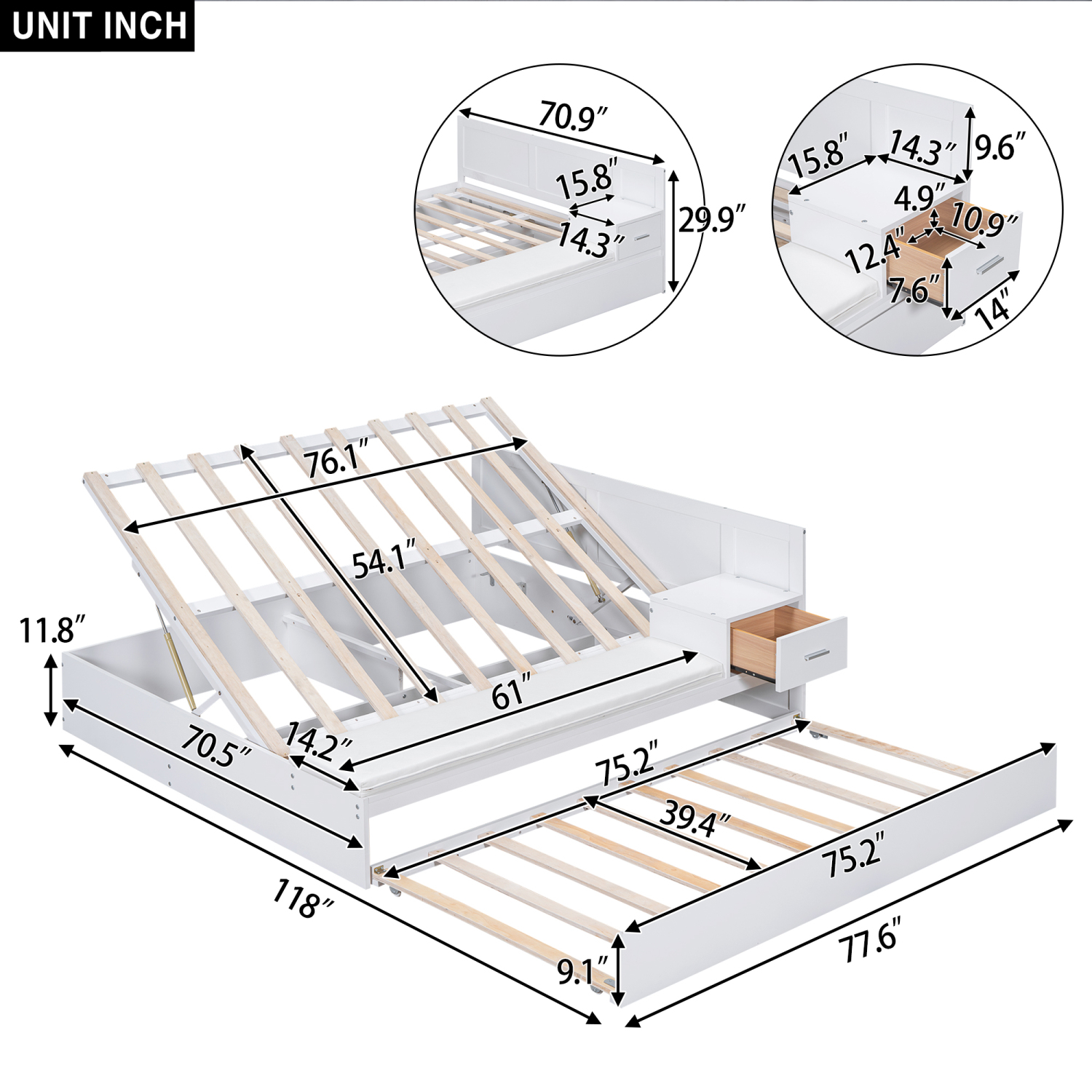 Churanty Full Size Hydraulic Platform Bed with Trundle, Wood Full Bedframe with Side Table and Lounge, White
