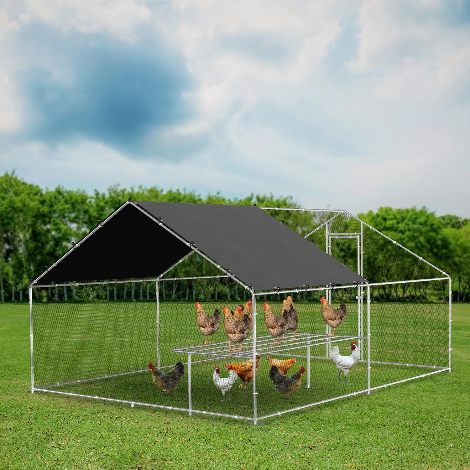Large metal walk-in chicken coop with waterproof and UV protection cover