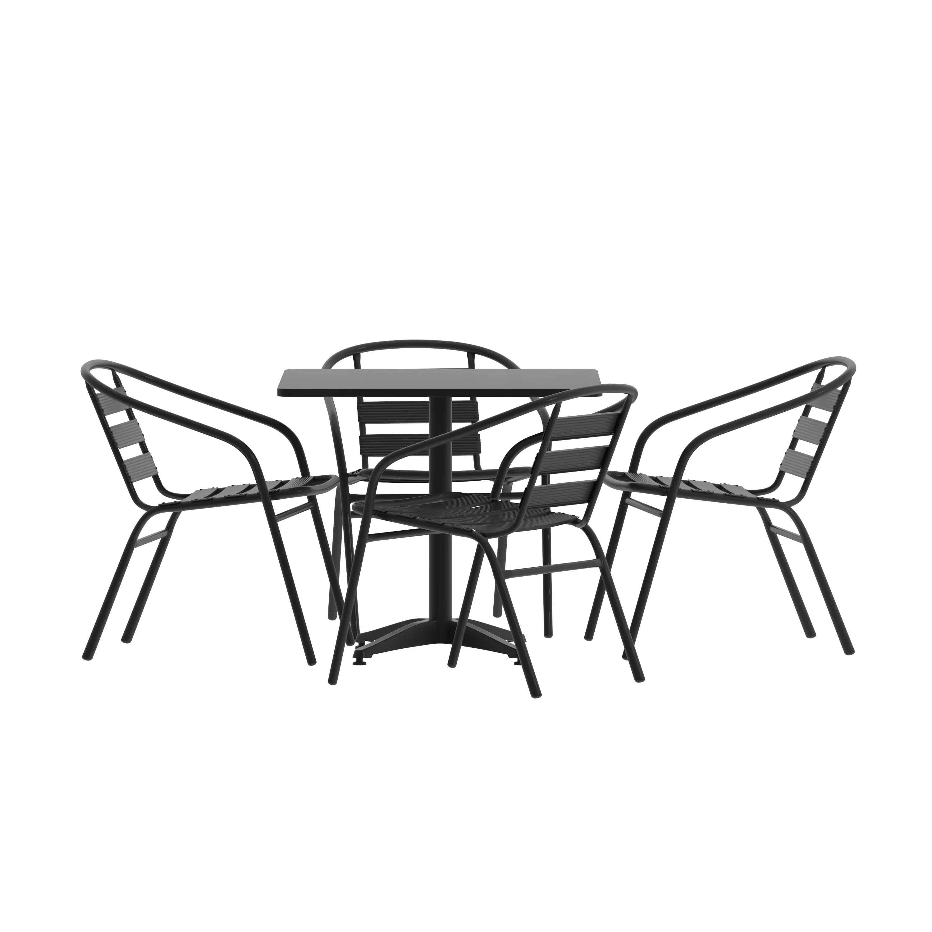 BizChair 31.5'' Black Square Aluminum Indoor-Outdoor Table Set with 4 Black Slat Back Chairs