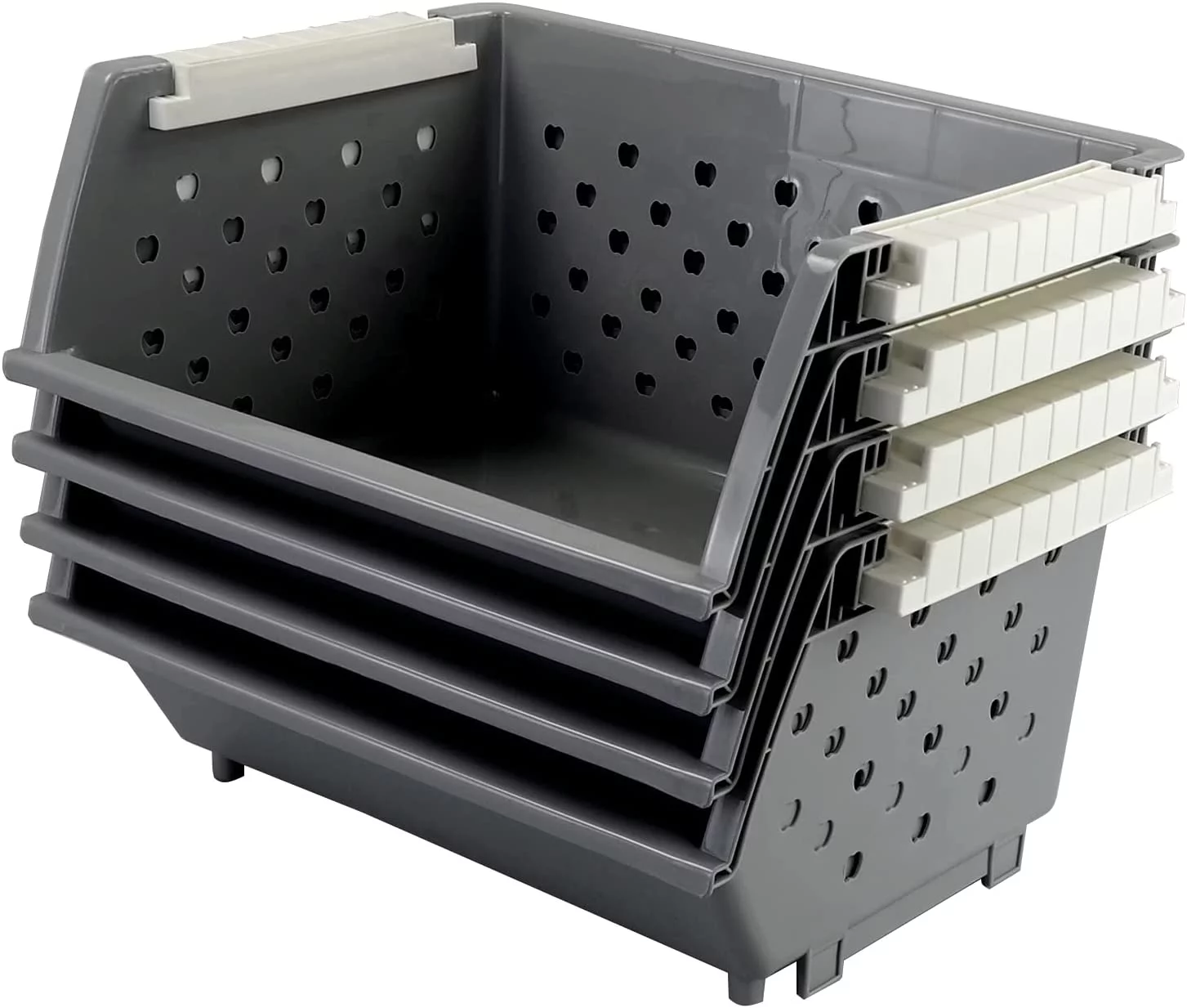 BSL 4-Pack Plastic Stacking Storage Basket, Stackable Organizer Bin, Gray