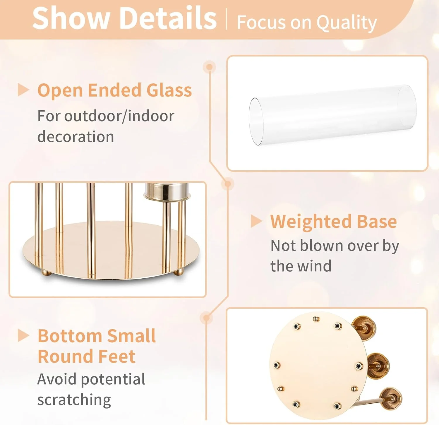 Hurricane Glass Candle Holders 6 Arm Gold Metal Candlestick Candelabra with Removable Clear Cylinder Sleeve 24 inch Taper Holder