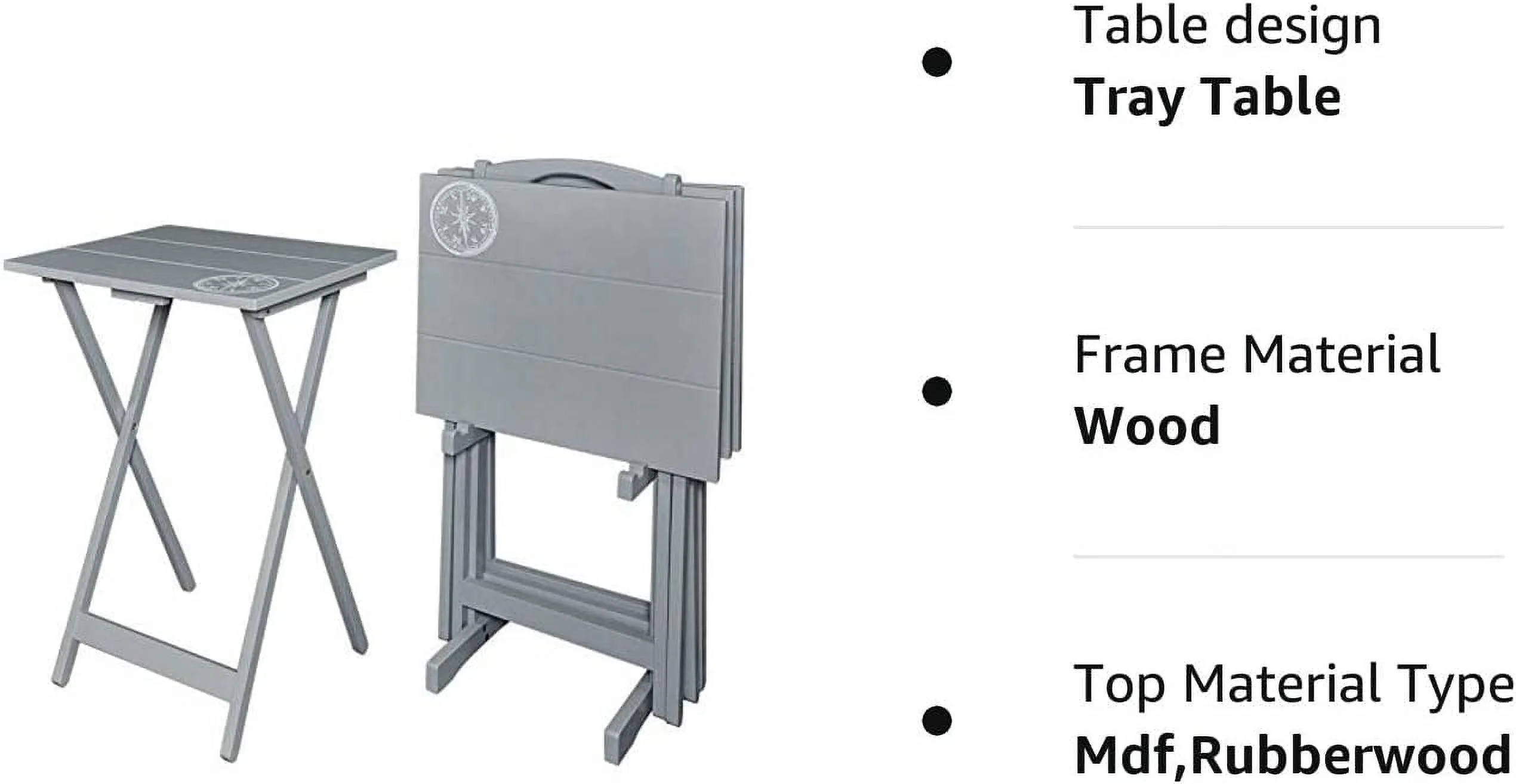 5 Piece Set Compass Print Wood Folding TV Tray Table Stand In Gray, 4 Tray Tables & 1 Stand