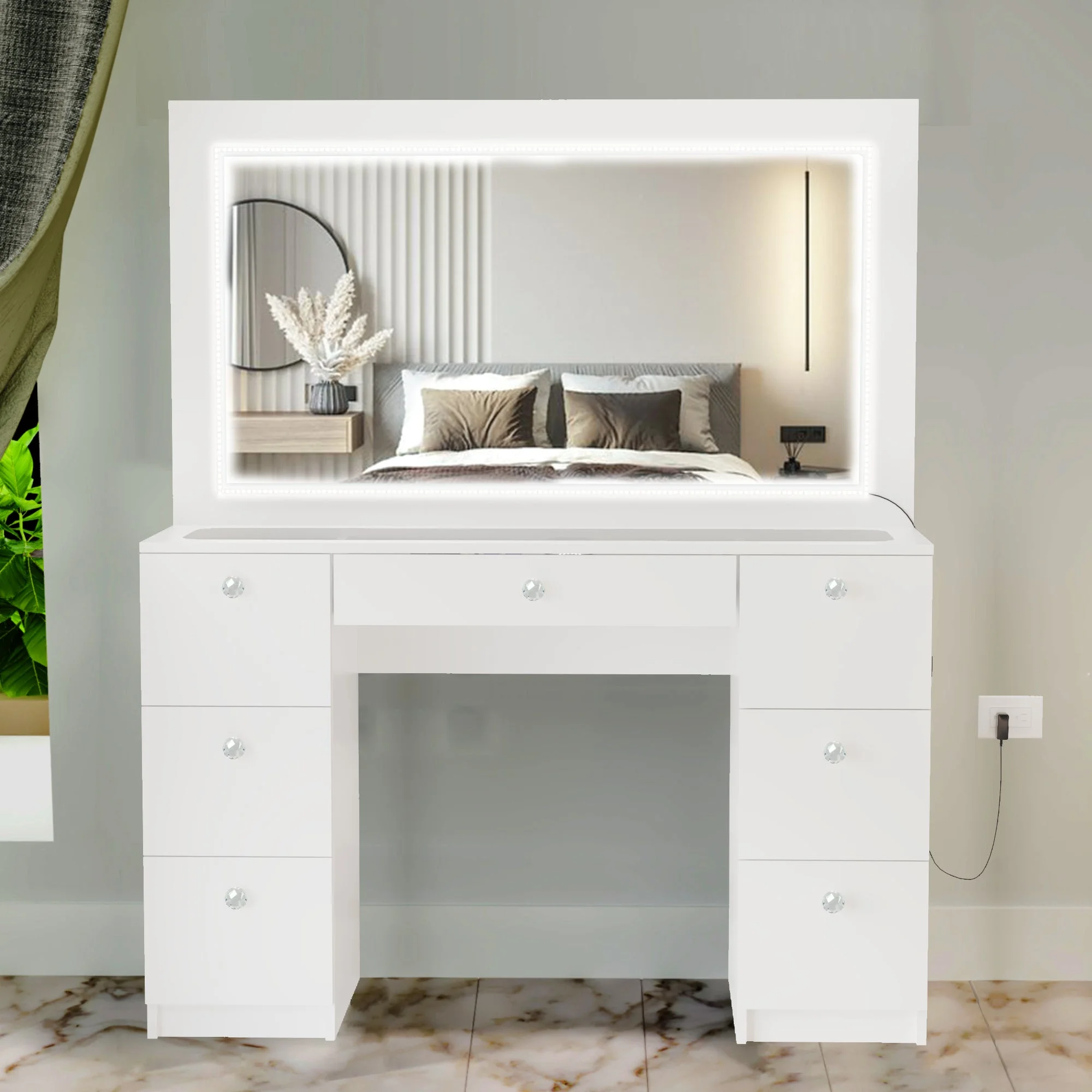 Boahaus Seraphine White Modern Vanity Desk with Mirror, LED Lights, 7 Drawers, Crystal Ball Knobs, for Bedroom