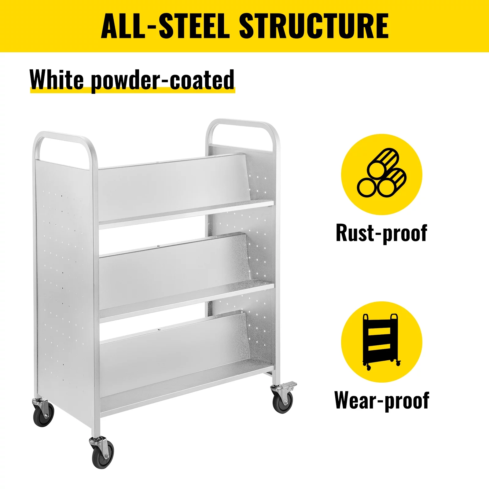 SKYSHALO 200LBS Book Cart, Library Cart 30x14x45 Inch, Rolling Book Cart Double Sided W-Shaped Sloped Shelves with 4-Inch Lockable Wheels, for Home Shelves Office and School Book Truck in White