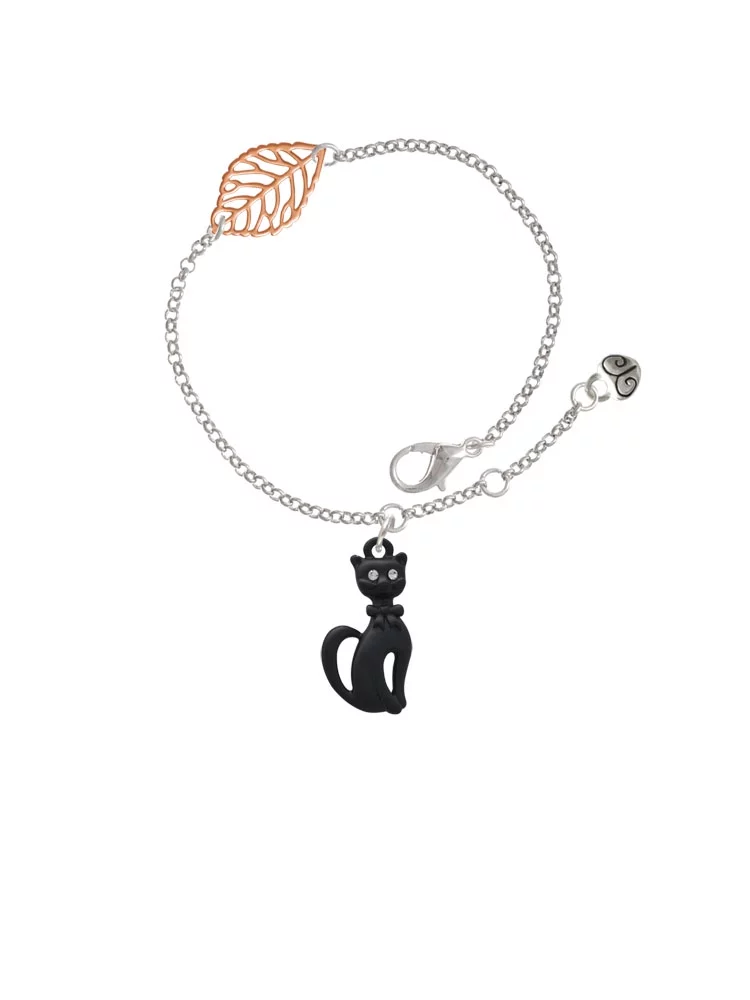 Delight Jewelry Tall Sitting Matte Black Cat - Rose Goldtone Leaf Delicate Bracelet, 6.25+1.75