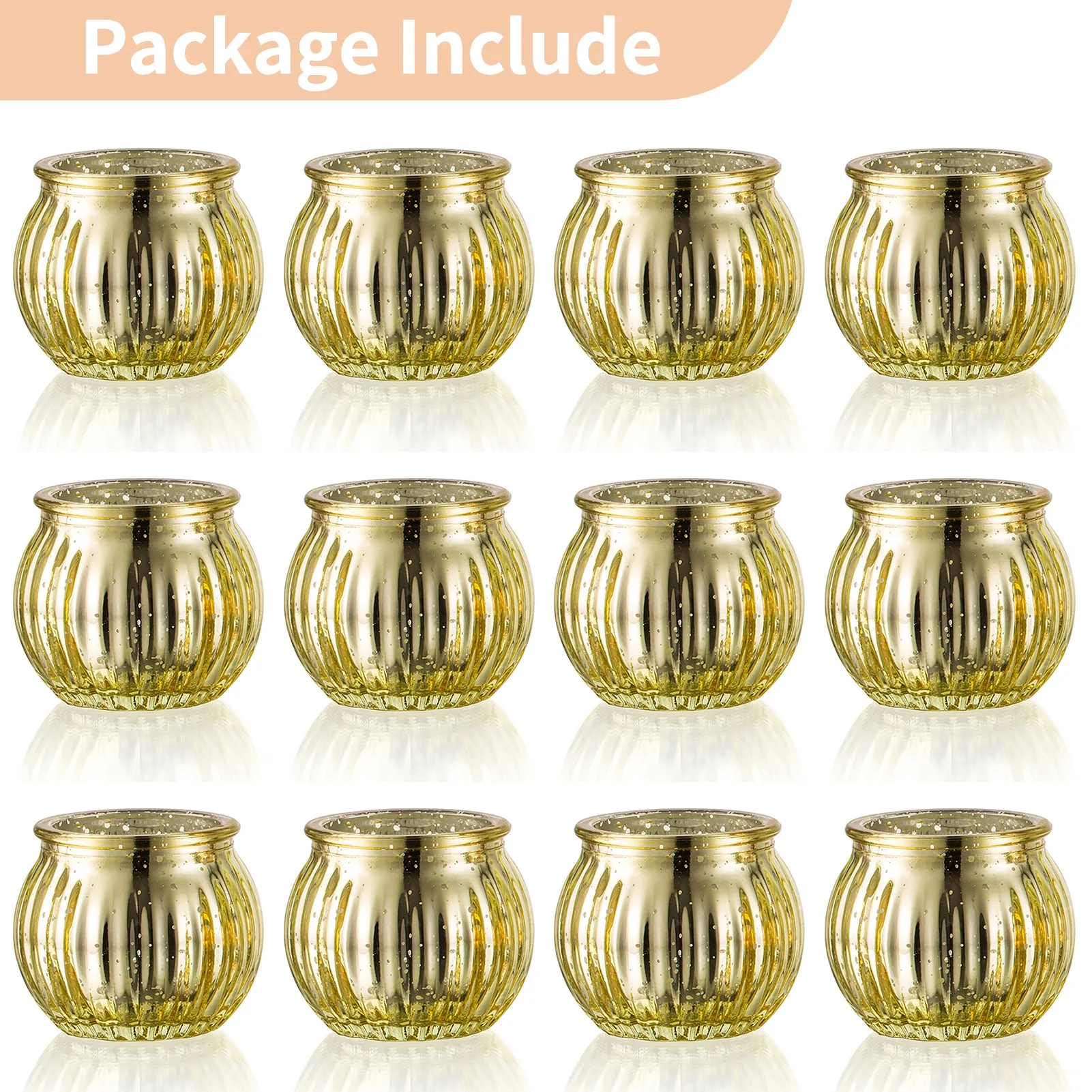 Nuptio Tea Light Candle Holders Set of 12 Gold Glass Pumpkin Tealight Holder Ribbed Votive Bulk Christmas Thanksgiving Decorations Wedding Party Living Room Table Centrepieces