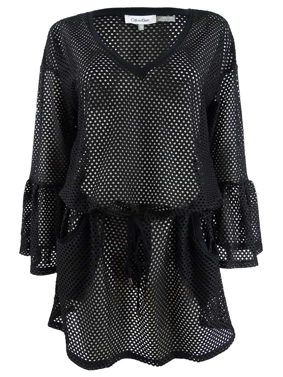 Calvin Klein Women's Sheer Bell-Sleeve Dress Swim Cover-Up (L/XL, Black)