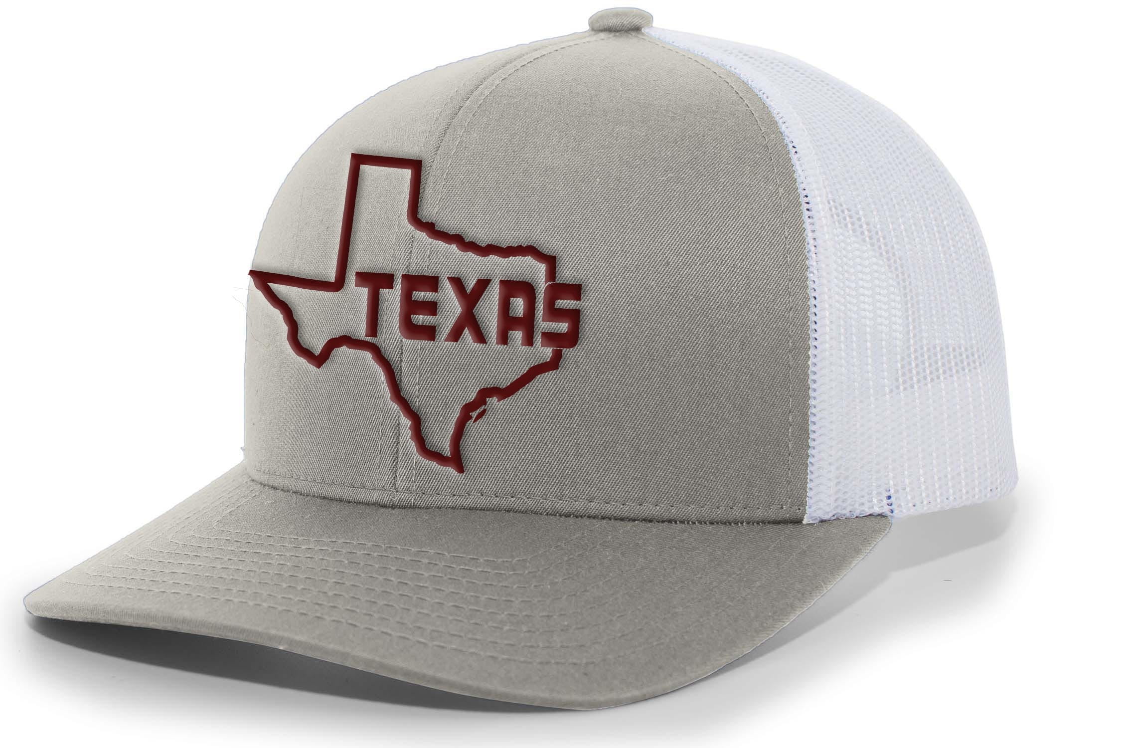 Mens Texas Hat Texas State Outline Embroidered Trucker Hat, Heather Grey/White/Maroon