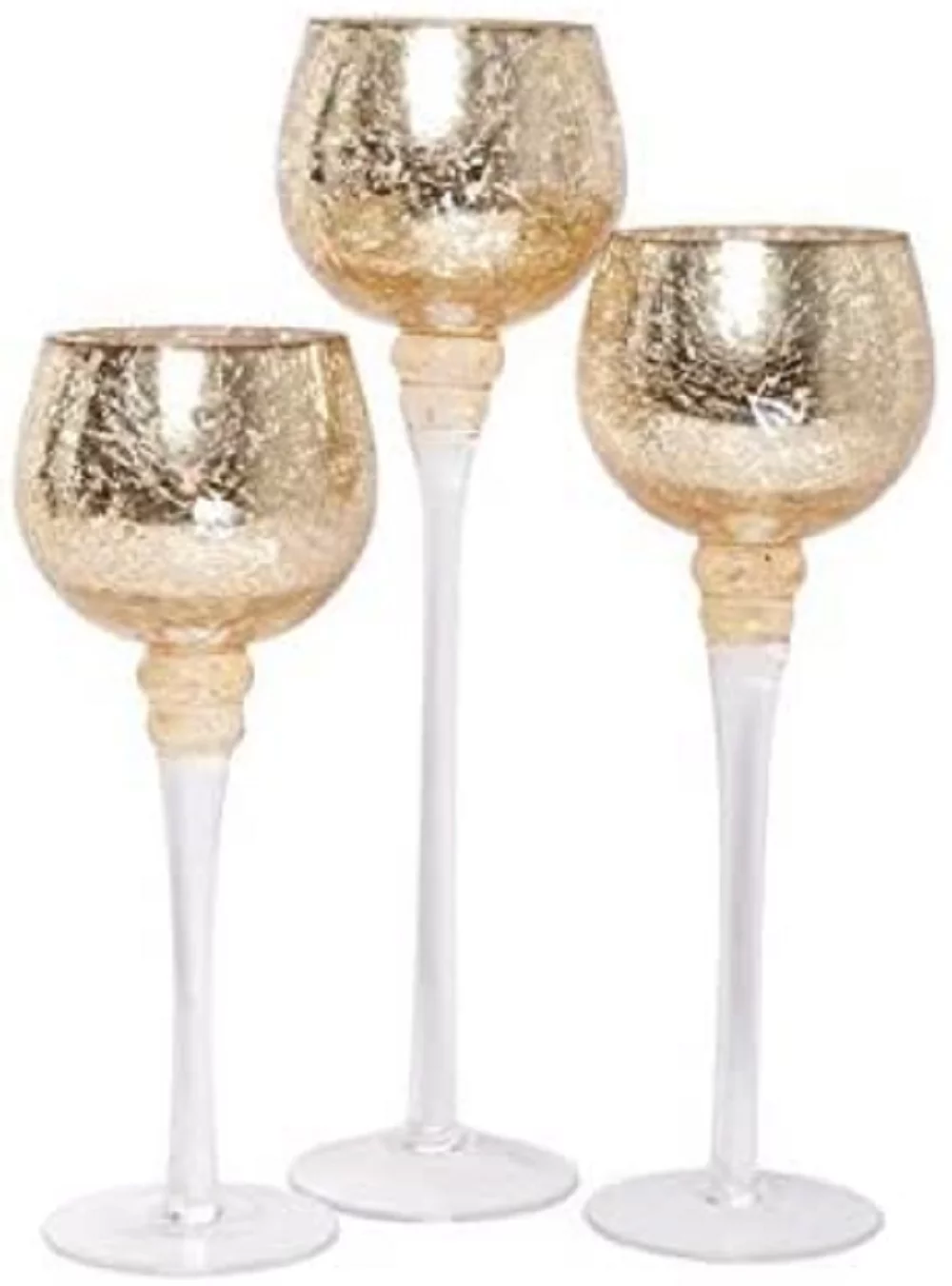 Hosley Set of 3, Crackle Gold Glass Tealight Holders 9 Inches 10 Inches and 12 Inches High