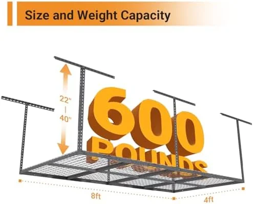 4ftx8ft Overhead Garage  Rack  Heavy-Duty Metal Garage Ceiling  Rack  22''-40" Adjustable Ceiling Drop-Down  600 lb. Loading Weight Capacity  Black