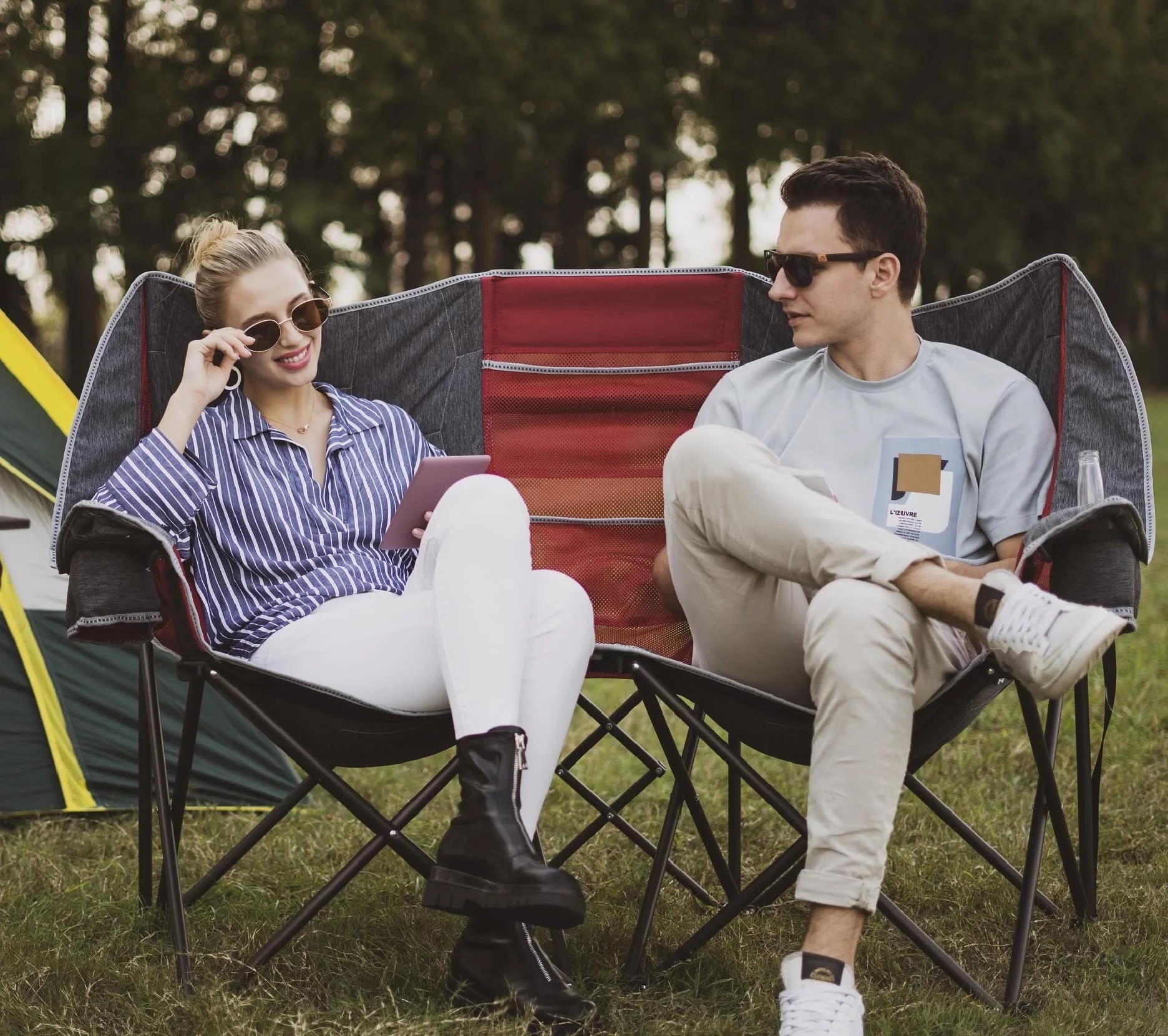 SunnyFeel Double Camping Chair Folding Loveseat Oversized for 2 Person (Gray)