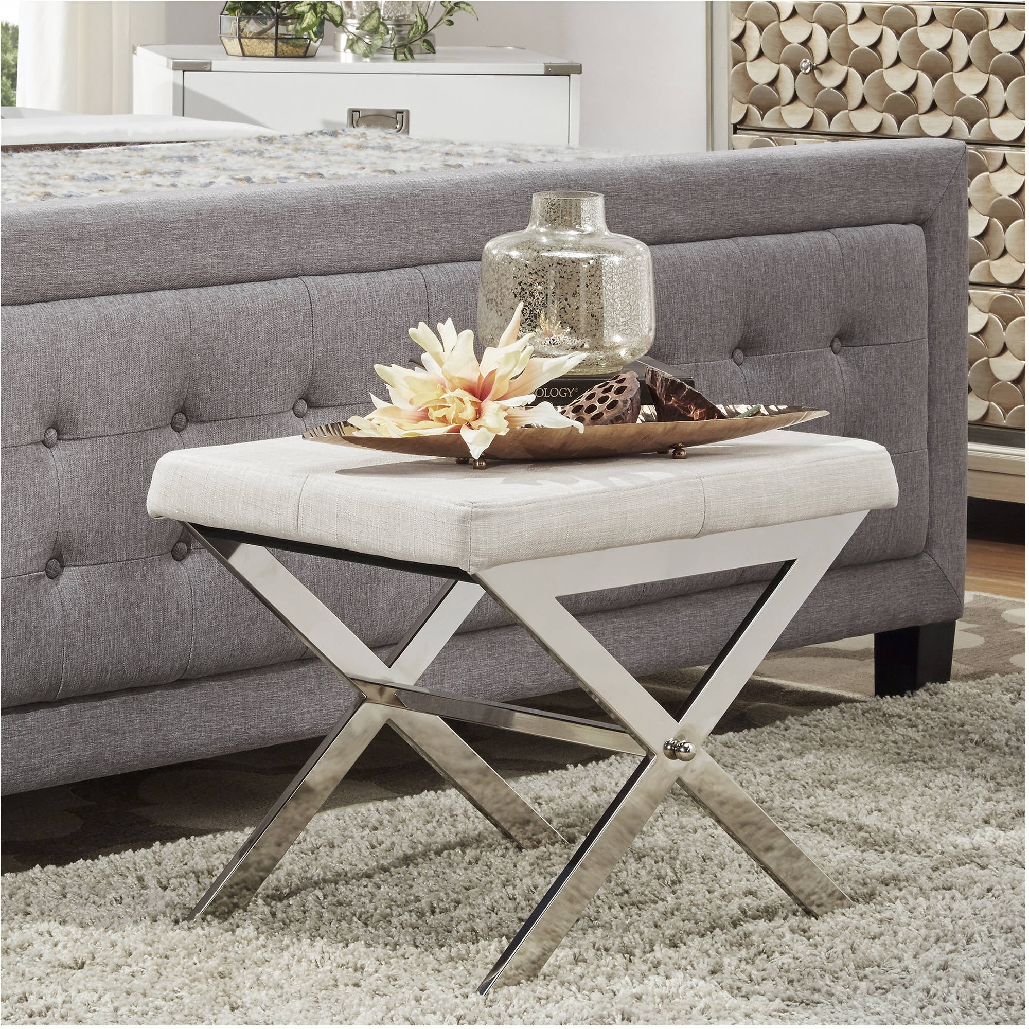 Chelsea Lane Small Chrome X-Base Upholstered Ottoman Vanity Stool, Beige