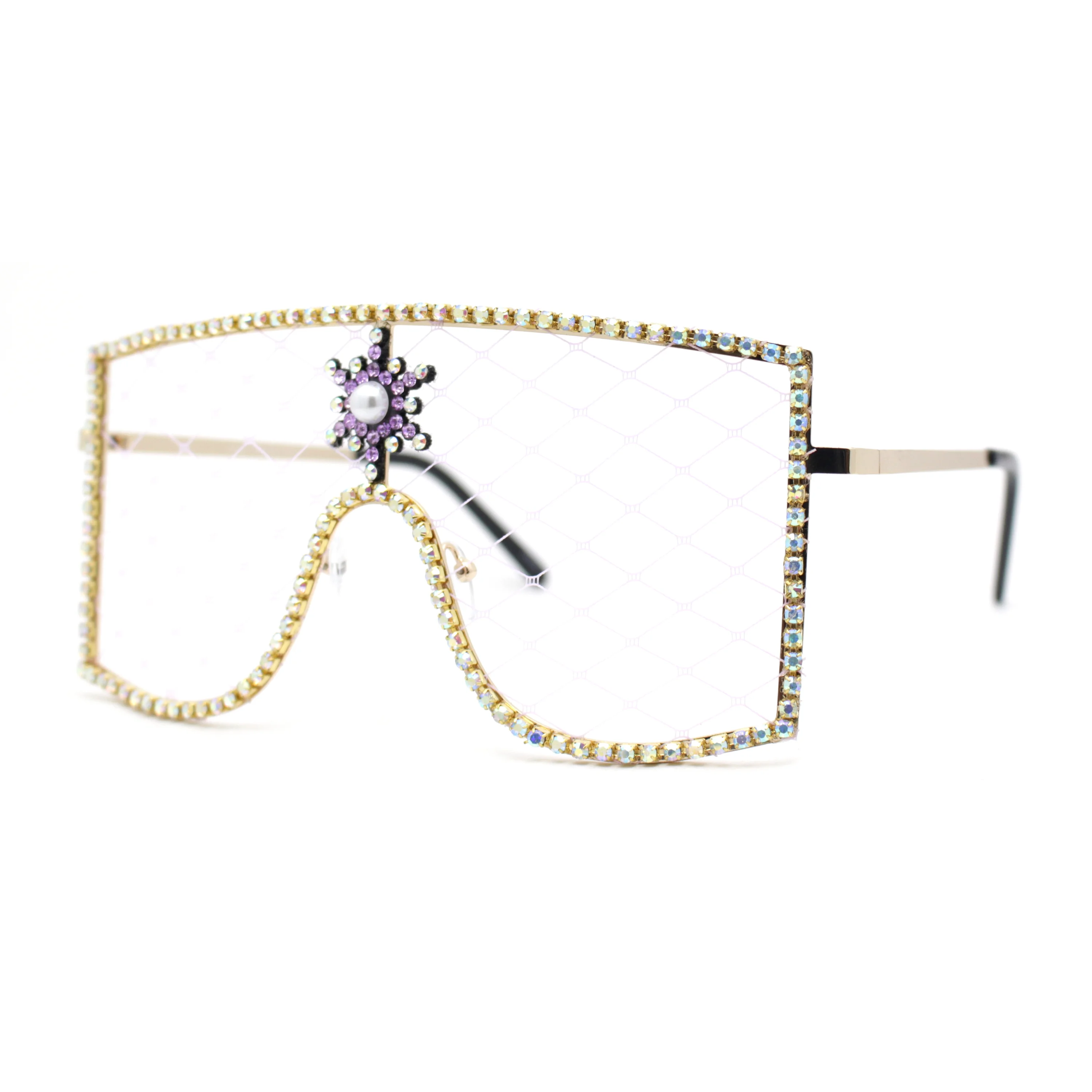 Womens Rhinestone Shield Lace Mesh Lens Luxury Metal Rim Sunglasses Gold Purple