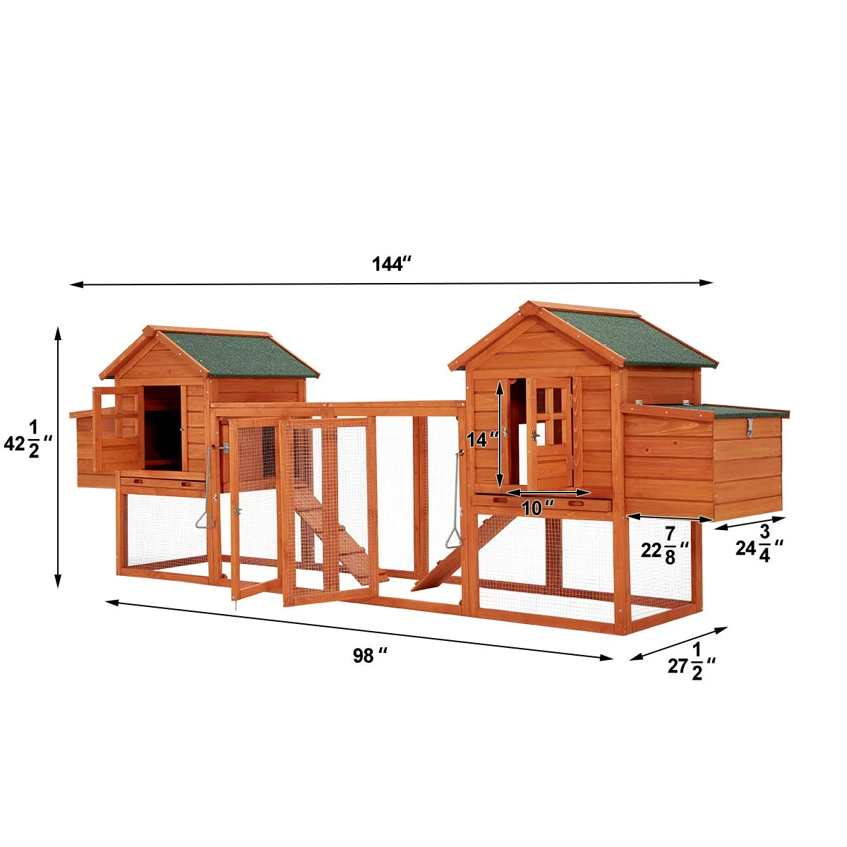 YODOLLA 144” Large Wooden Chicken Coop, Outdoor Hens House with Ramps and Nesting Boxes,Brown