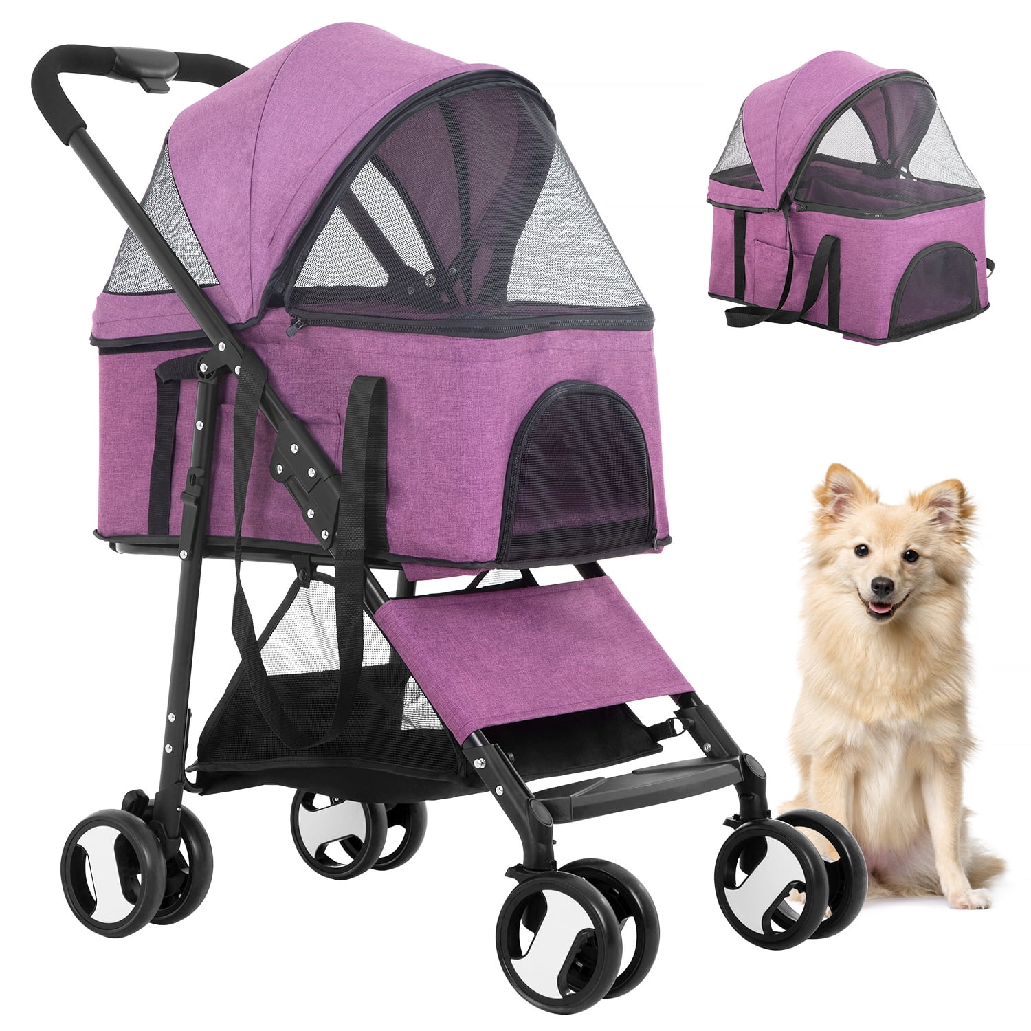 YRLLENSDAN Pet Stroller Premium 3-in-1 Multifunction Dog Cat Jogger Stroller for Medium Small Dogs Cats Folding Lightweight Travel Stroller with Detachable Carrier &Cup Holder (Purple, 4 Wheels)