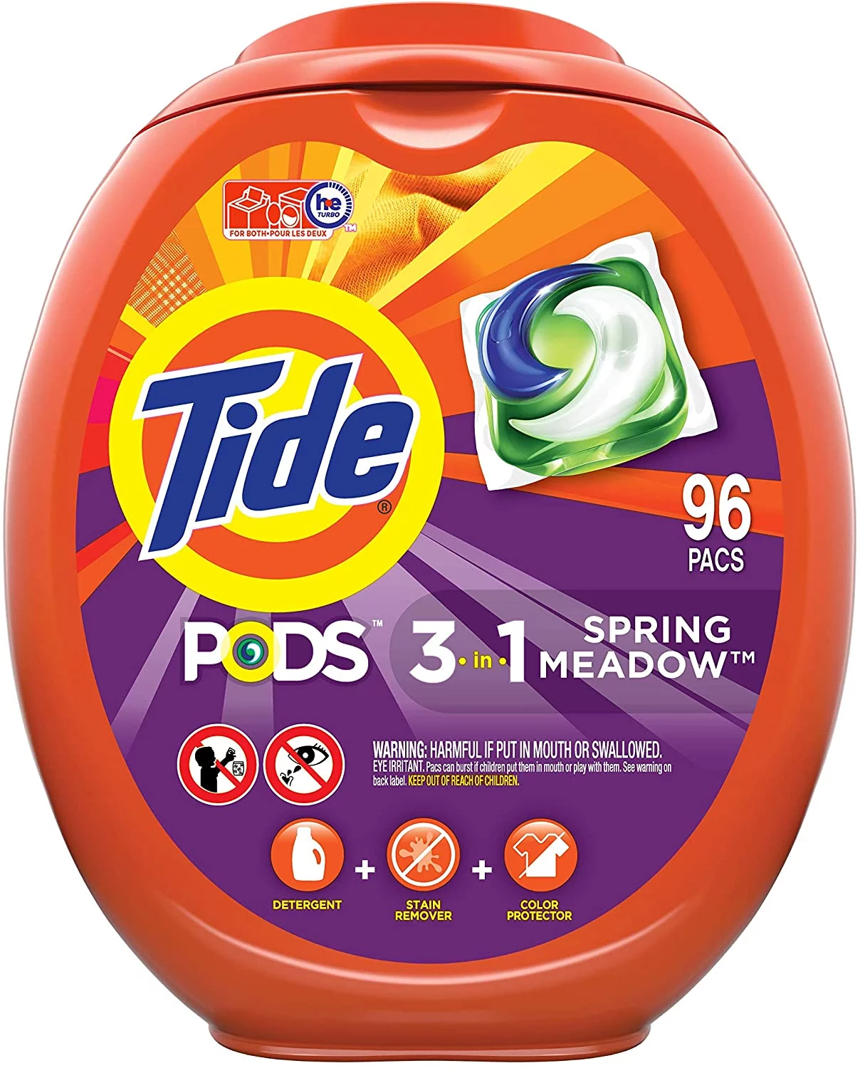 Tide PODS Laundry Detergent Liquid Pacs, Spring Meadow Scent, HE Compatible, 96 Count per pack, 77 Oz (Packaging May Vary)
