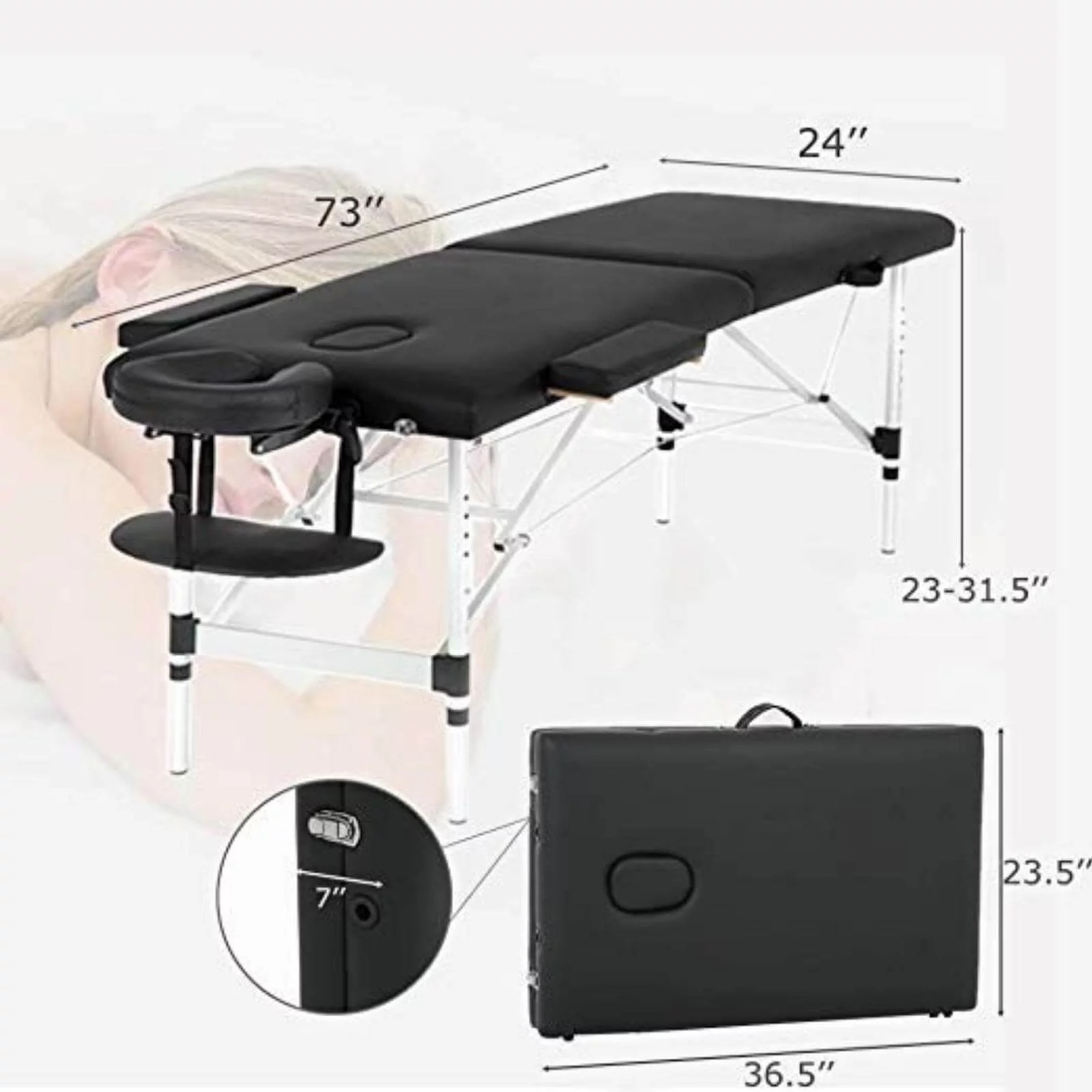 NiamVelo 73-in Aluminium Massage Table Portable Massage Bed  Adjustable Face Cradle with Carry Case, Maximum Weight 450LB, Black